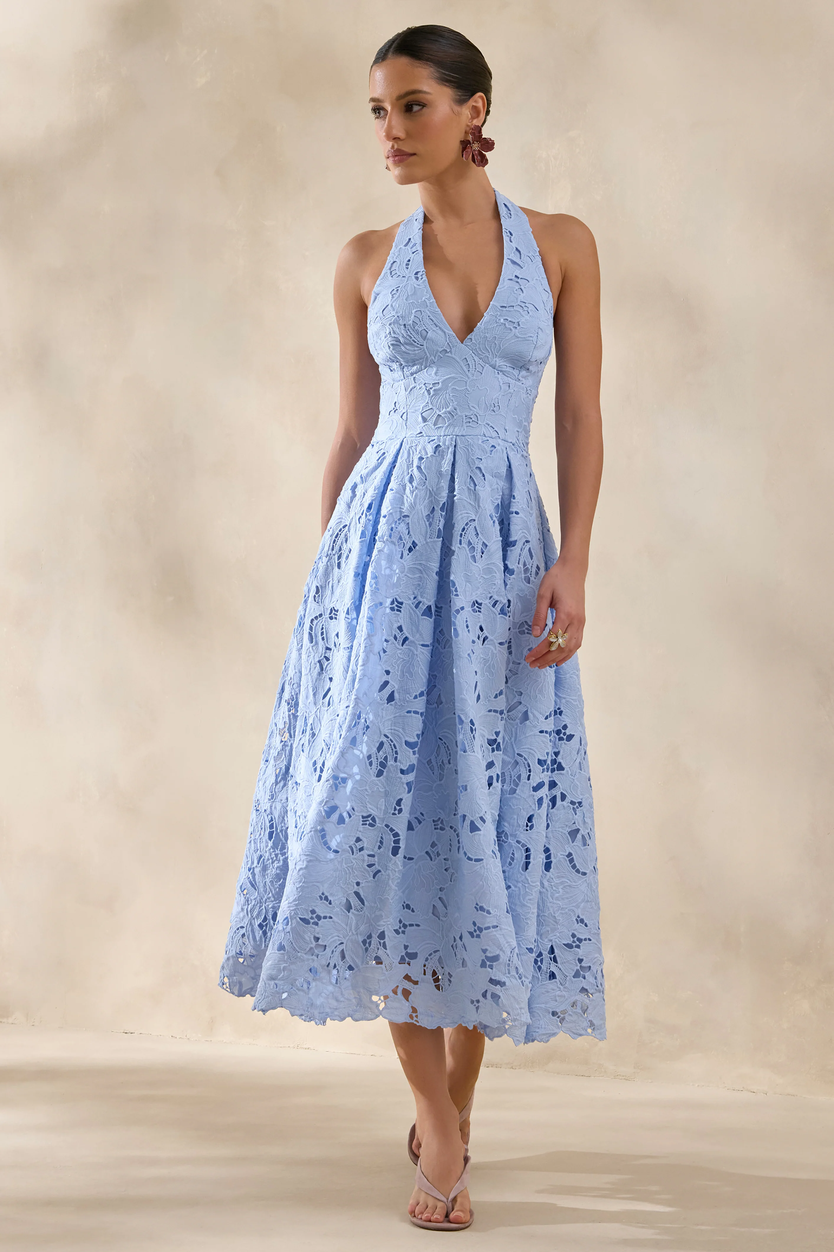 Maribel | Powder Blue Lace Plunge-Neck Midi Dress - Image 5