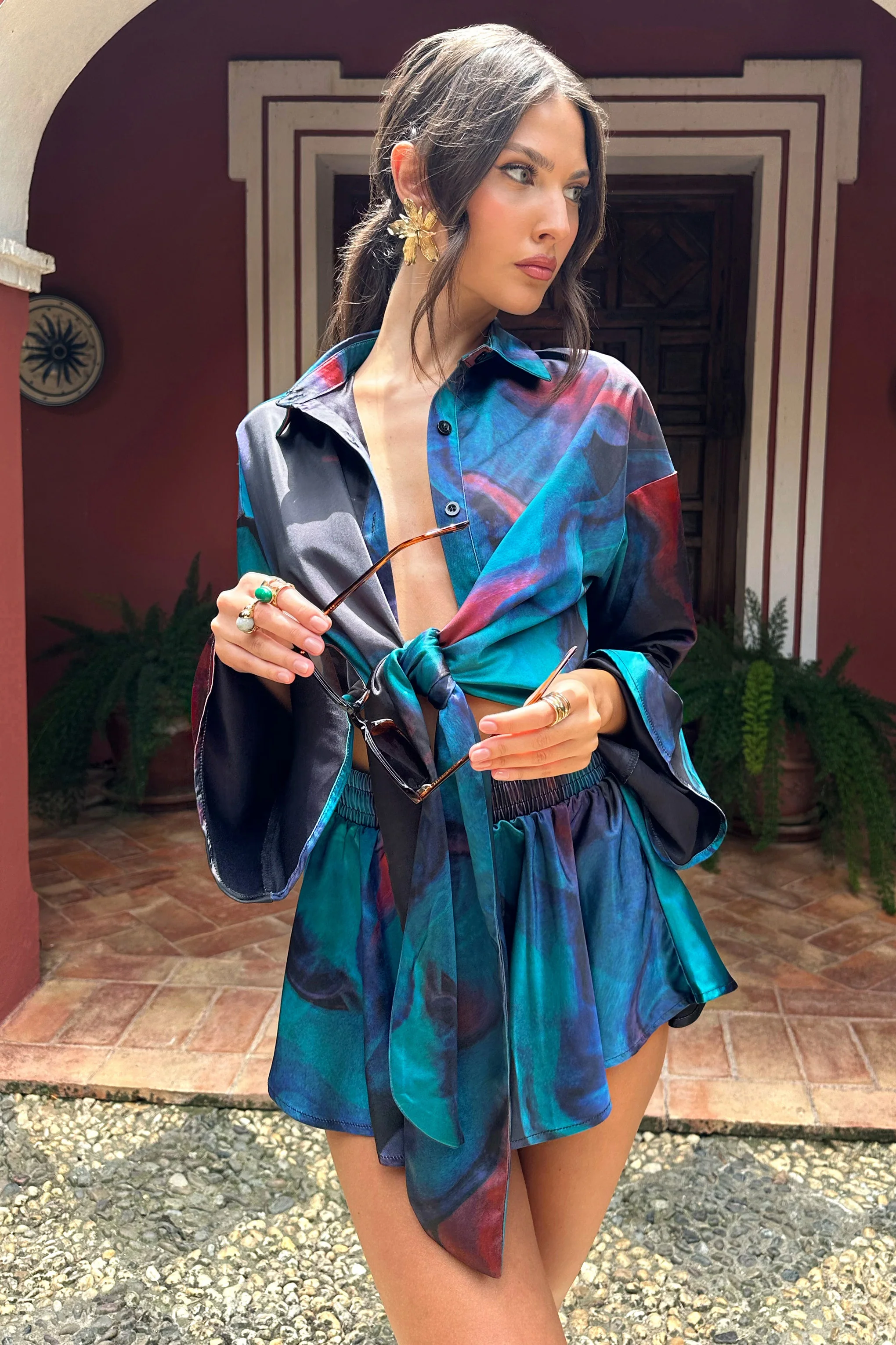 Marisela | Blue Print Satin Flared Sleeve Cropped  Shirt - Image 2
