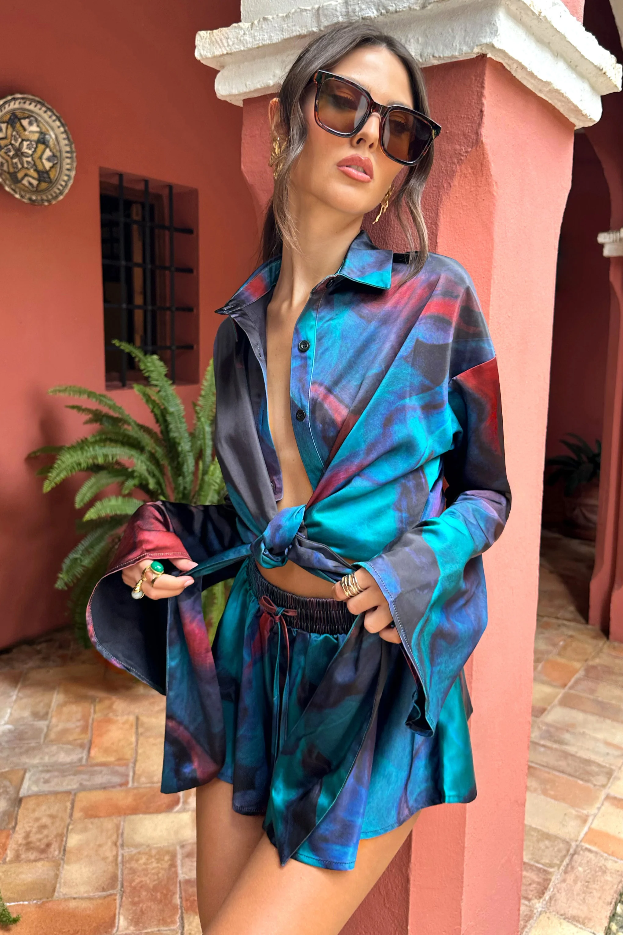 Marisela | Blue Print Satin Flared Sleeve Cropped  Shirt - Image 3