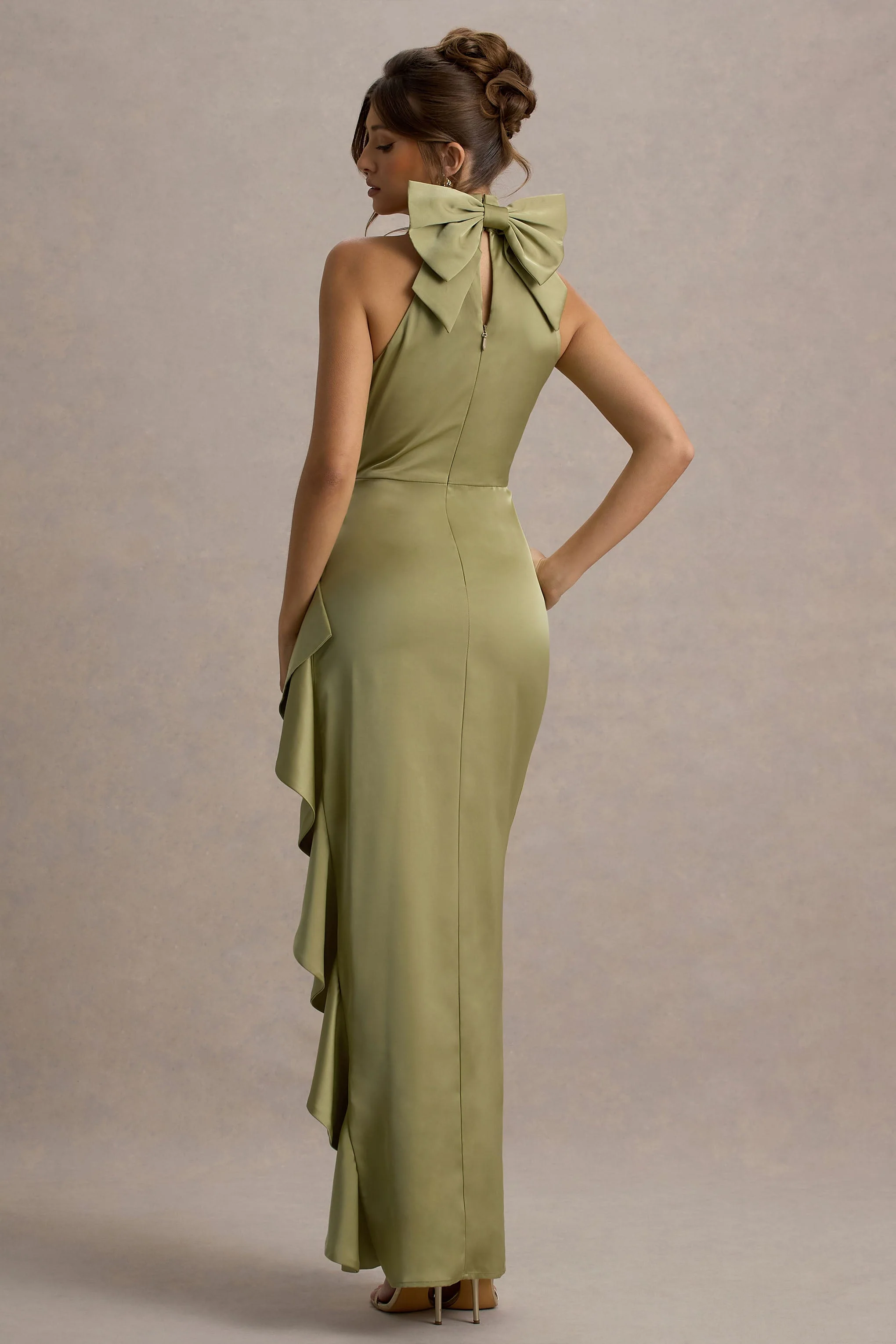 Maureen | Light Green Satin High-Neck Draped Maxi Dress - Image 2