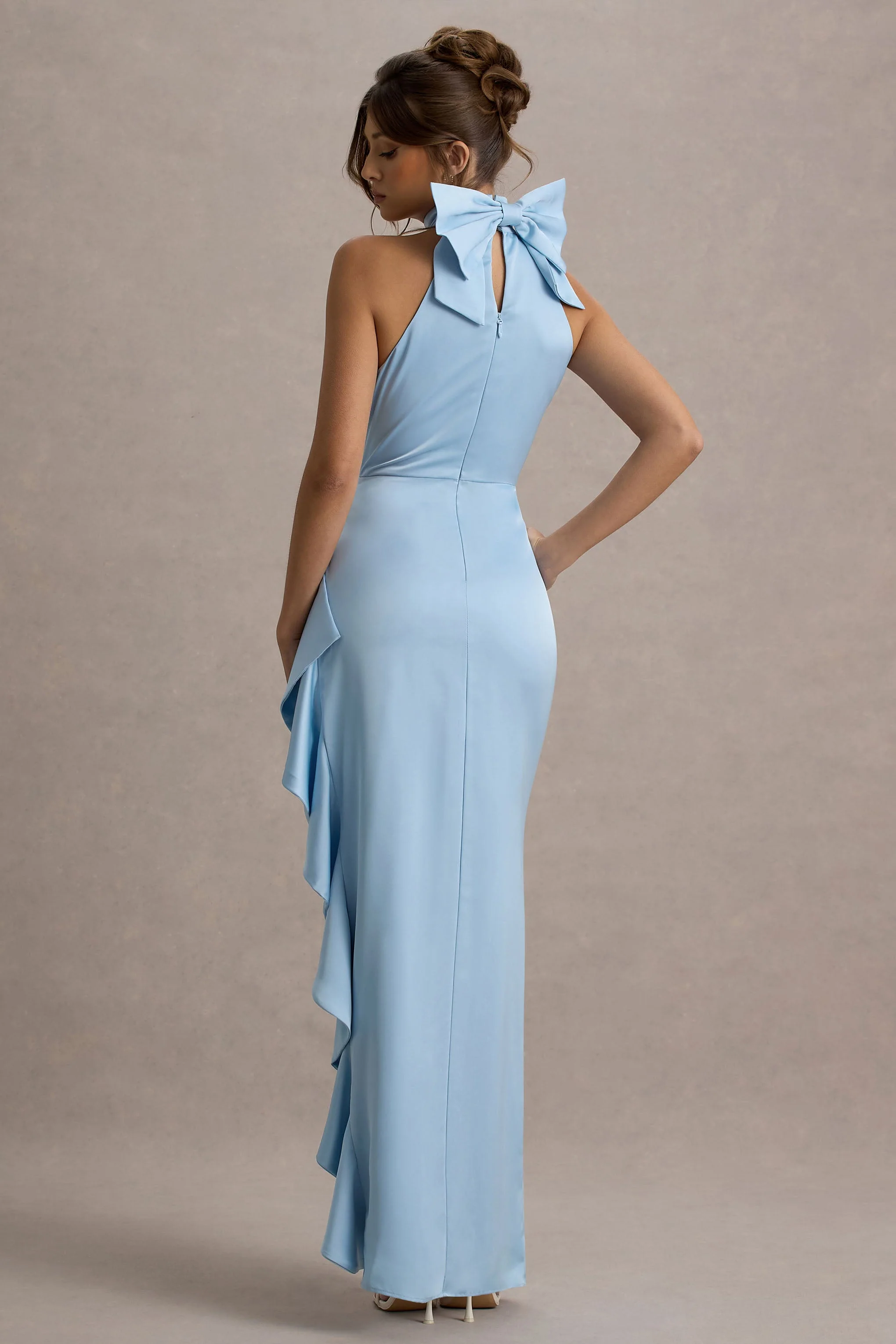 Maureen | Powder Blue Satin High-Neck Draped Maxi Dress - Image 2