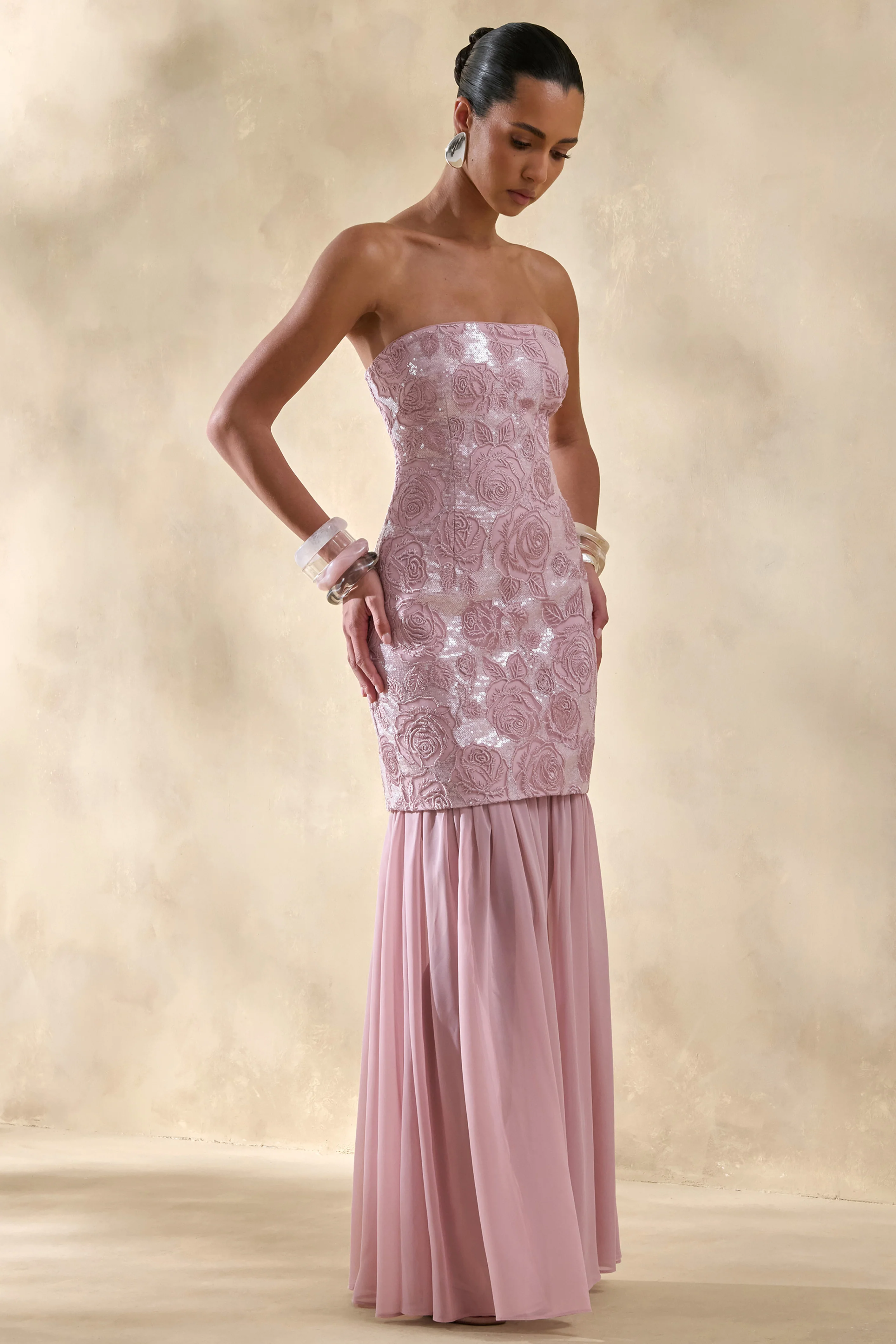 Meraly | Pink Sequin Bandeau Maxi Dress With Scarf-Detail - Image 4