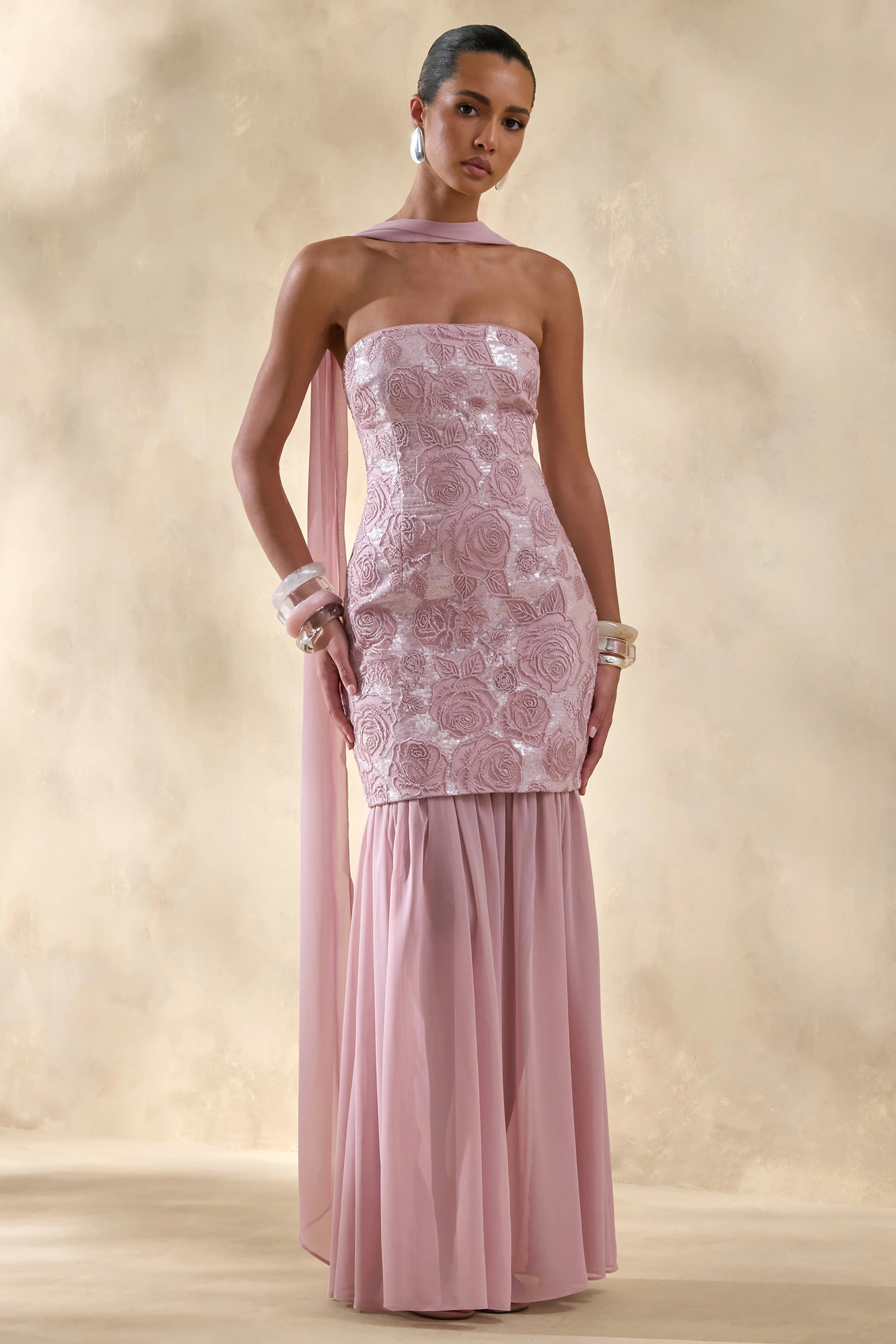 Meraly | Pink Sequin Bandeau Maxi Dress With Scarf-Detail - Image 5
