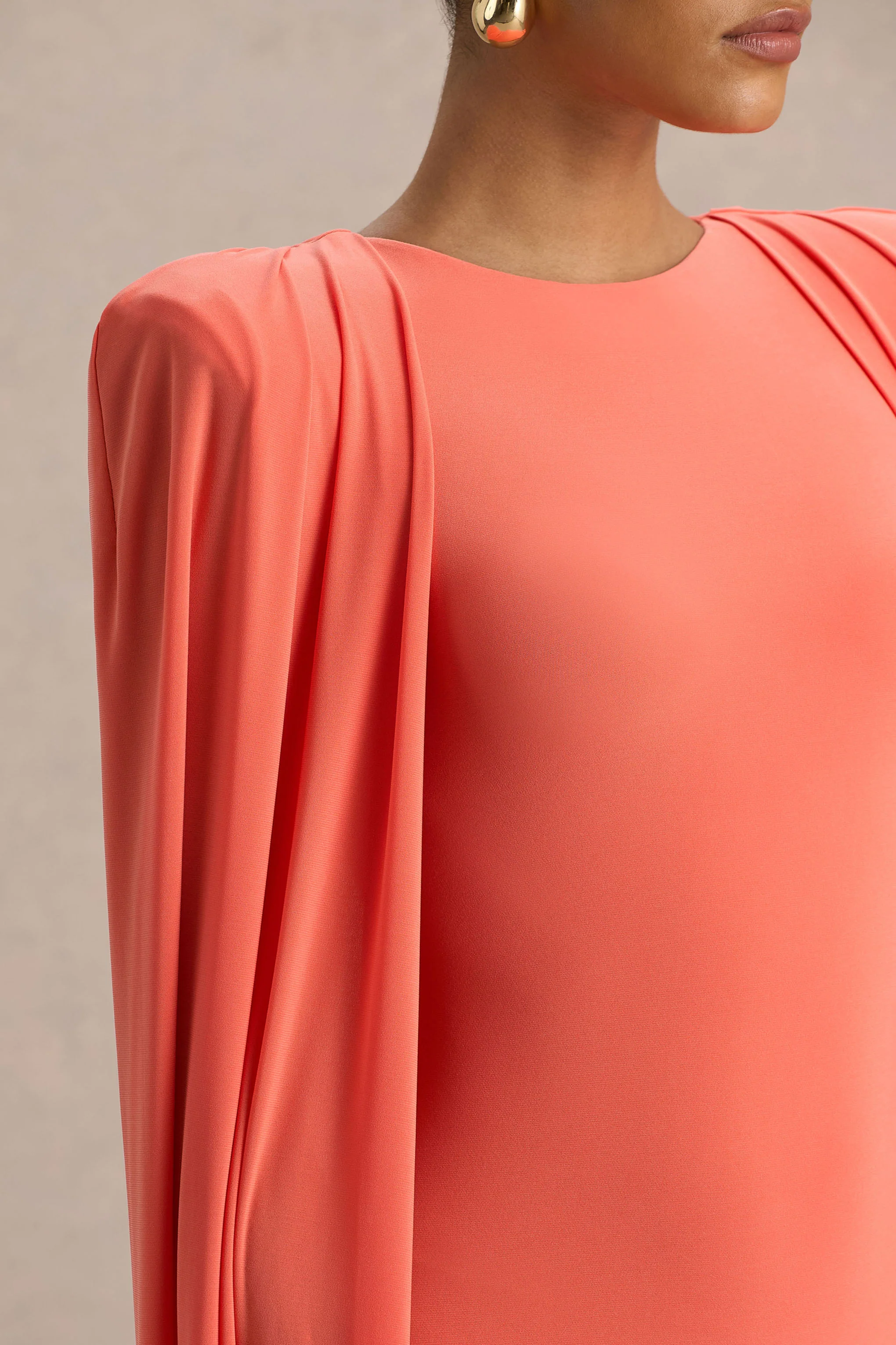 Mimi | Coral High-Neck Maxi Dress With Cape Sleeve Detail - Image 3