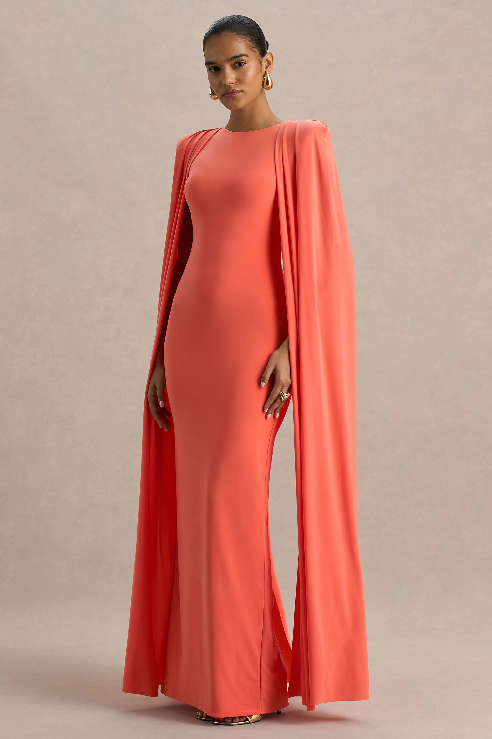 Mimi | Coral High-Neck Maxi Dress With Cape Sleeve Detail - Image 5