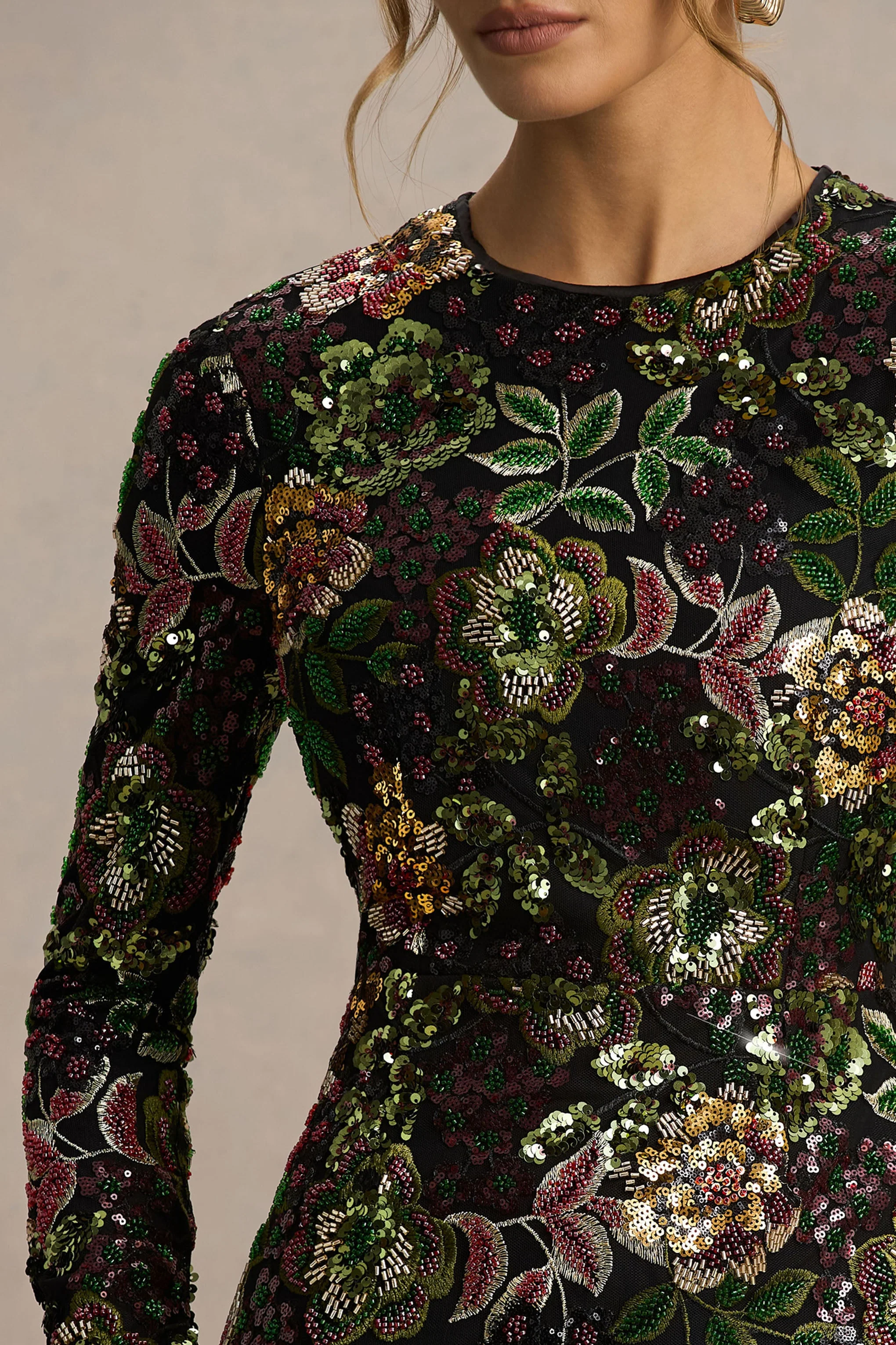 Moonlit | Winter Floral Mesh And Sequin Crew-Neck Mini Dress - Image 3