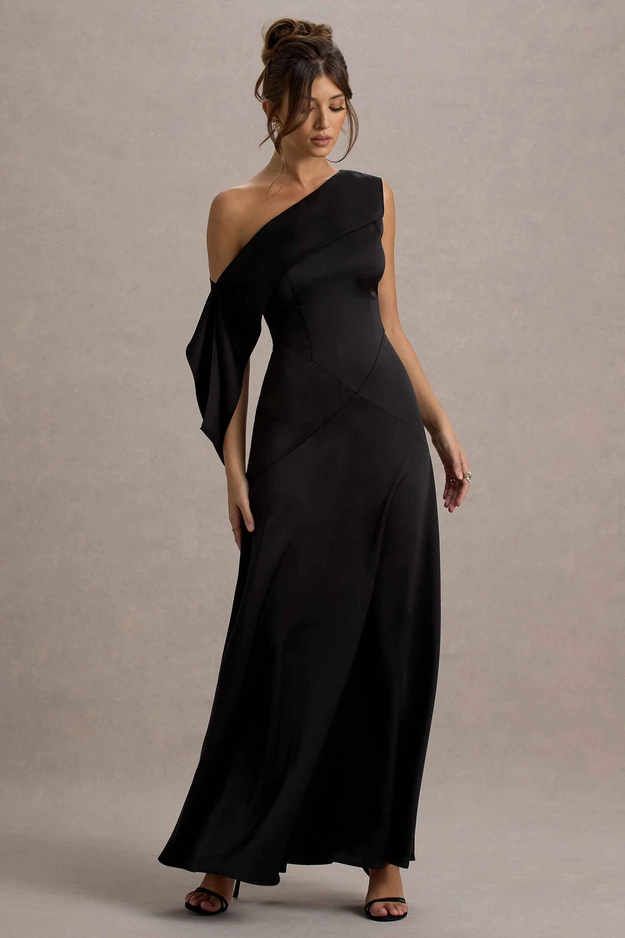 Nicola | Black Satin Asymmetric Bardot Draped Maxi Dress - Image 4