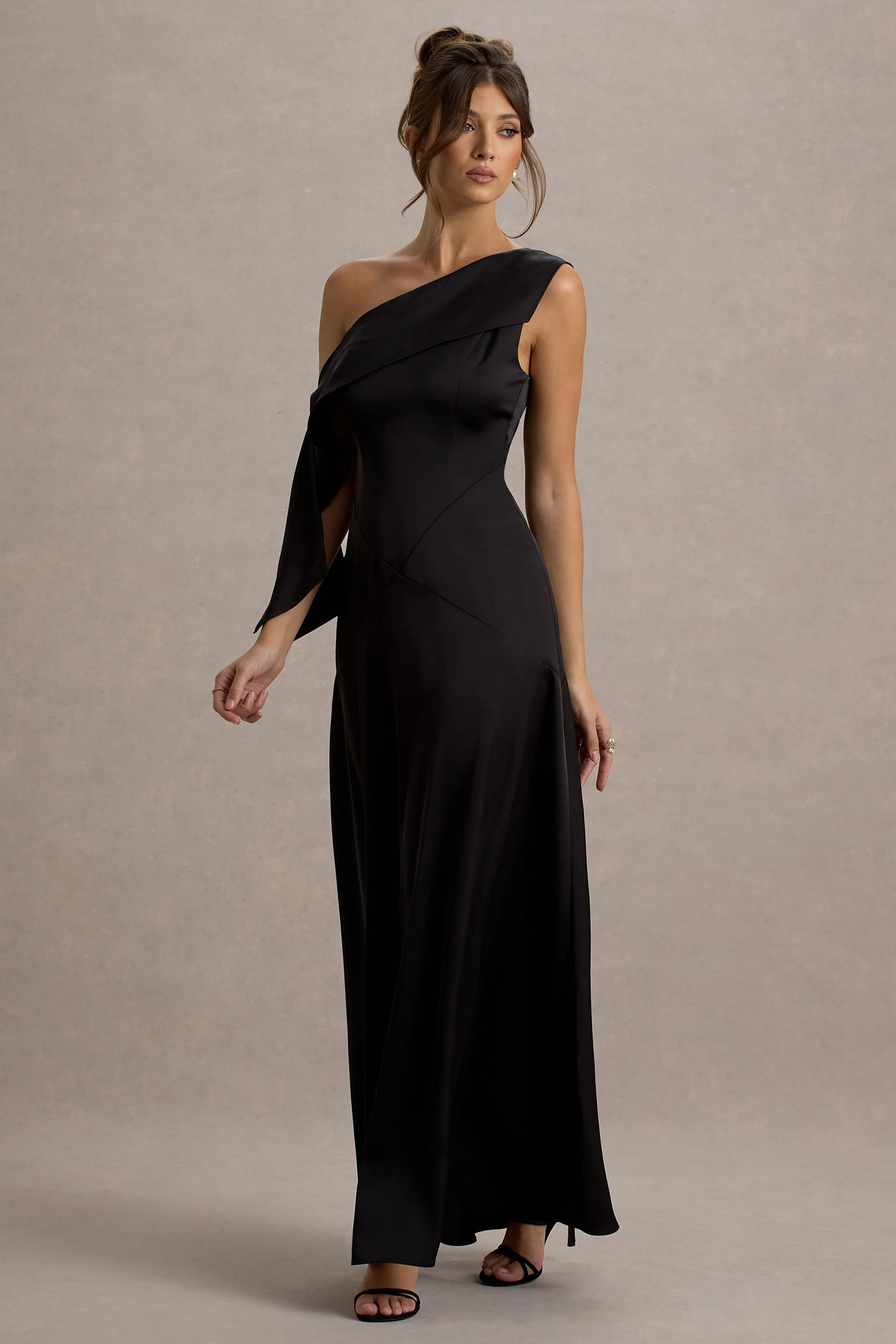 Nicola | Black Satin Asymmetric Bardot Draped Maxi Dress - Image 5