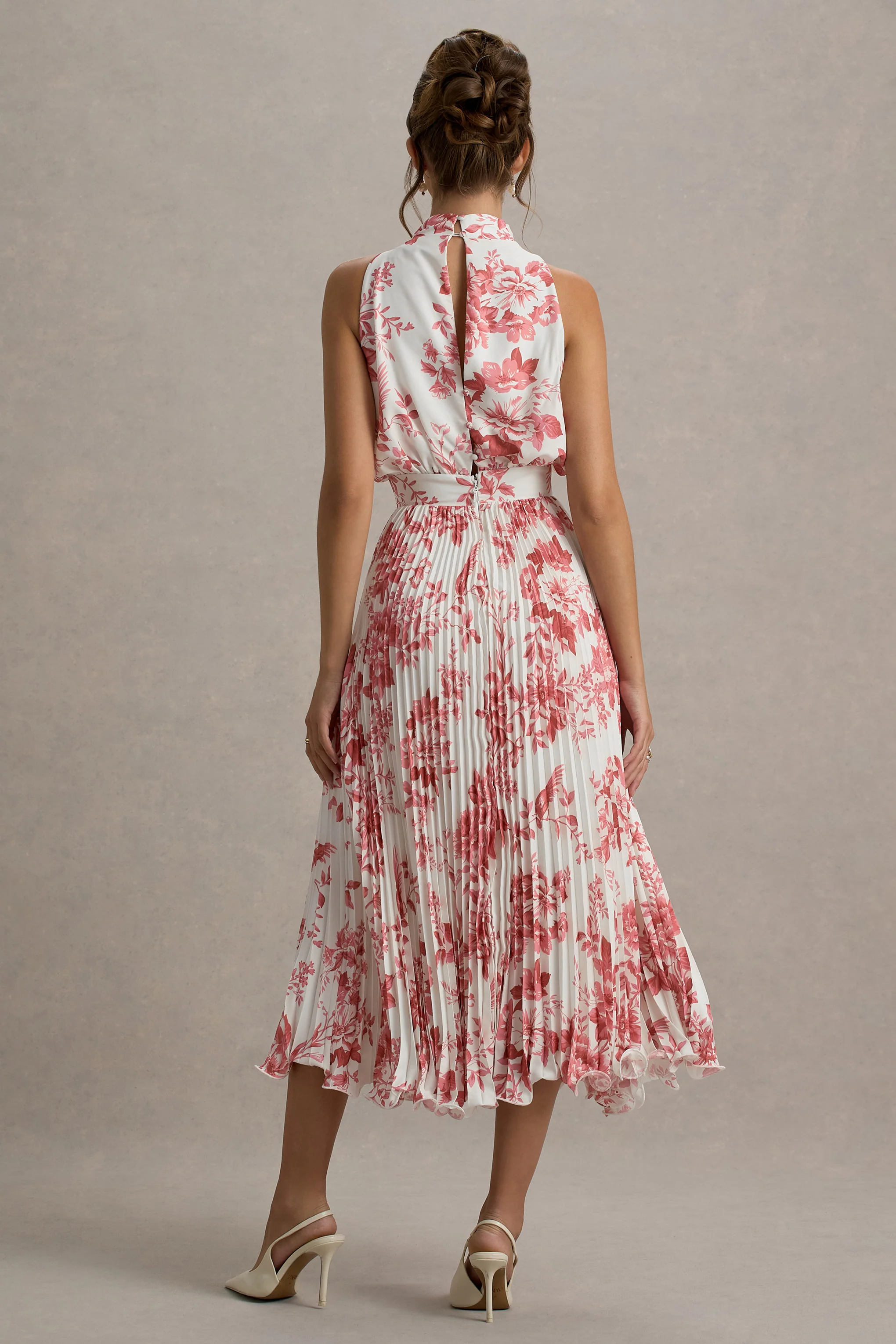 Nila | Pink Porcelain Print Cowl-Neck Midi Dress With Plisse Skirt - Image 2