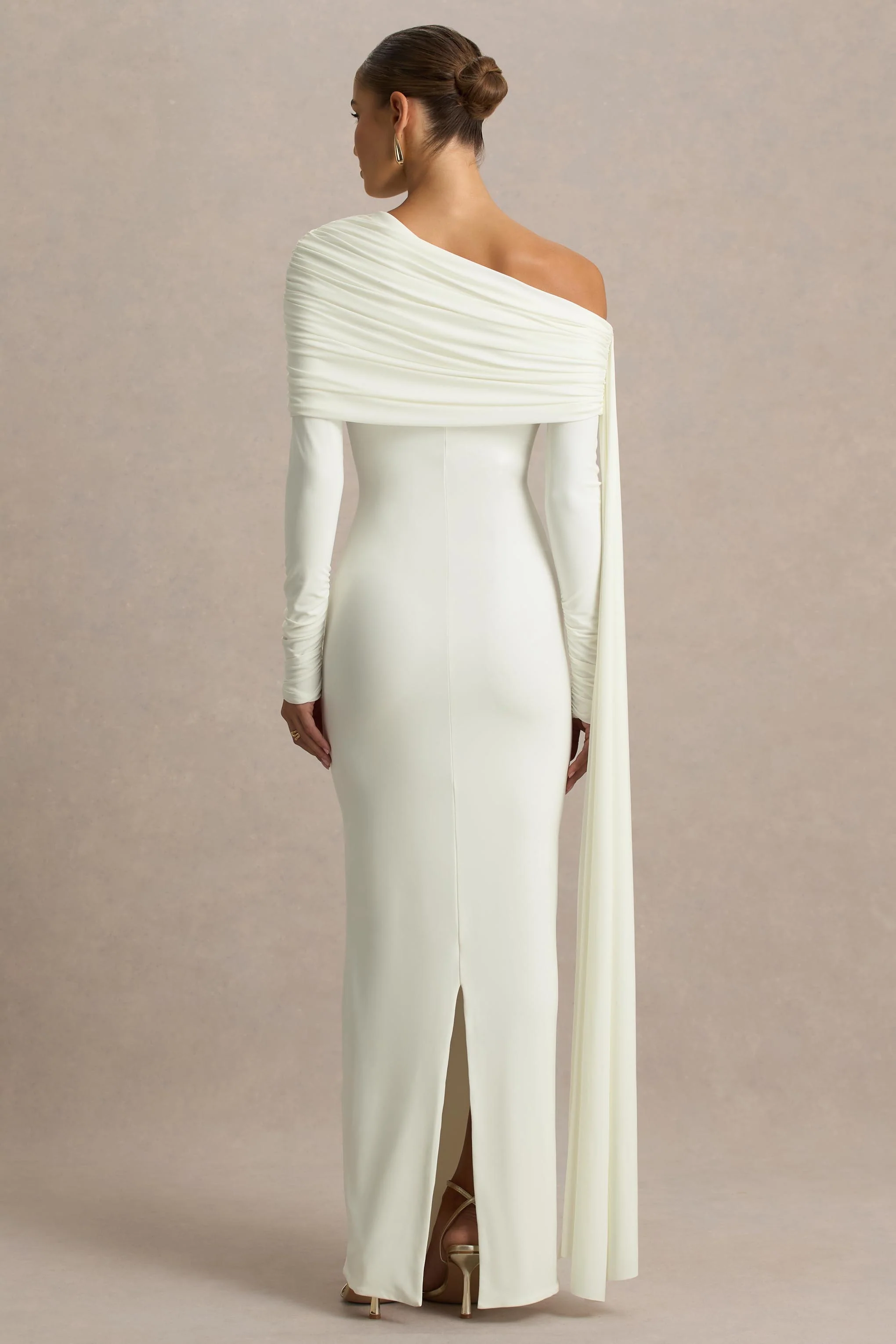Octavia | Cream Bardot-Neck Maxi Dress With Sash And Ruched Detailing - Image 2