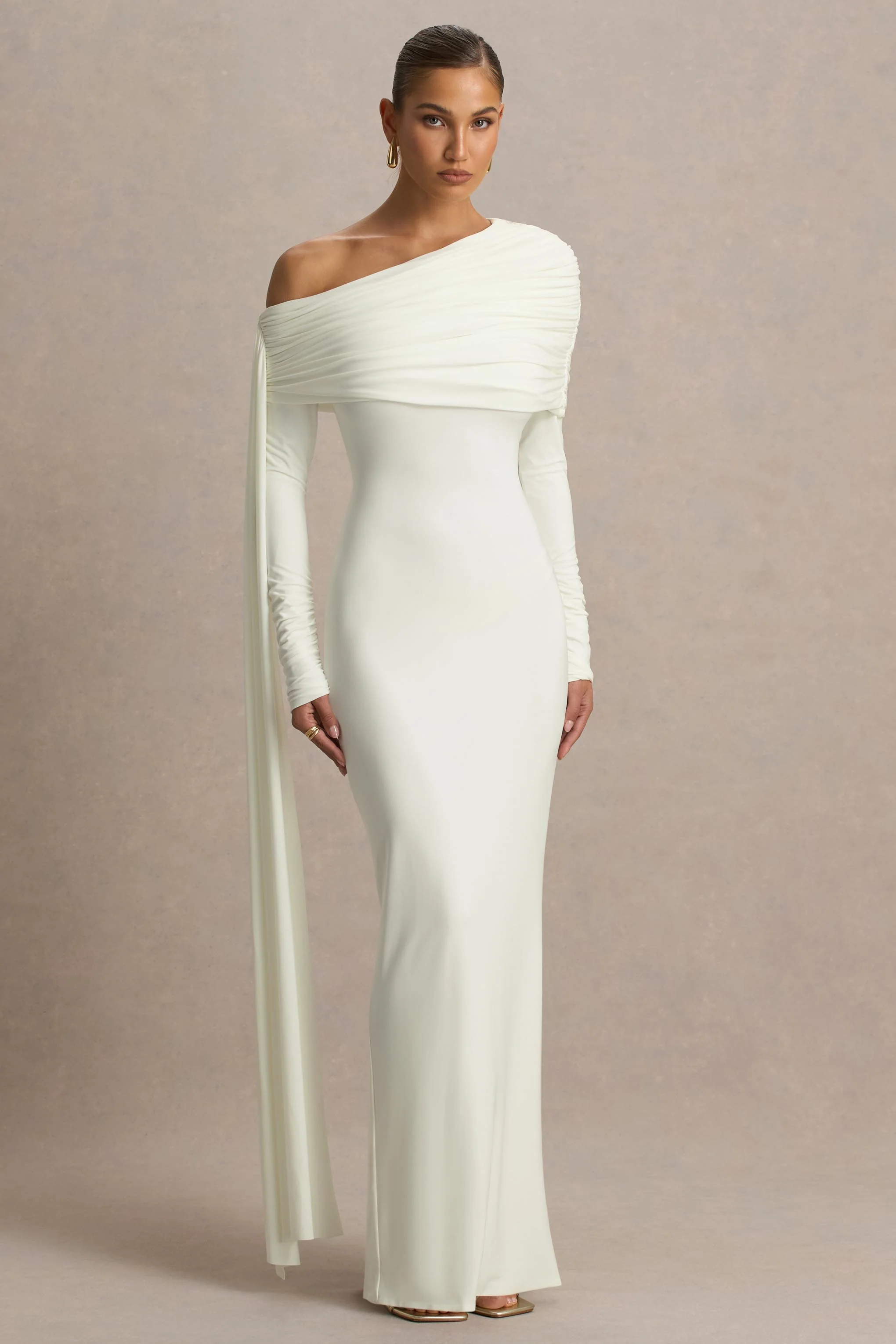 Octavia | Cream Bardot-Neck Maxi Dress With Sash And Ruched Detailing - Image 5