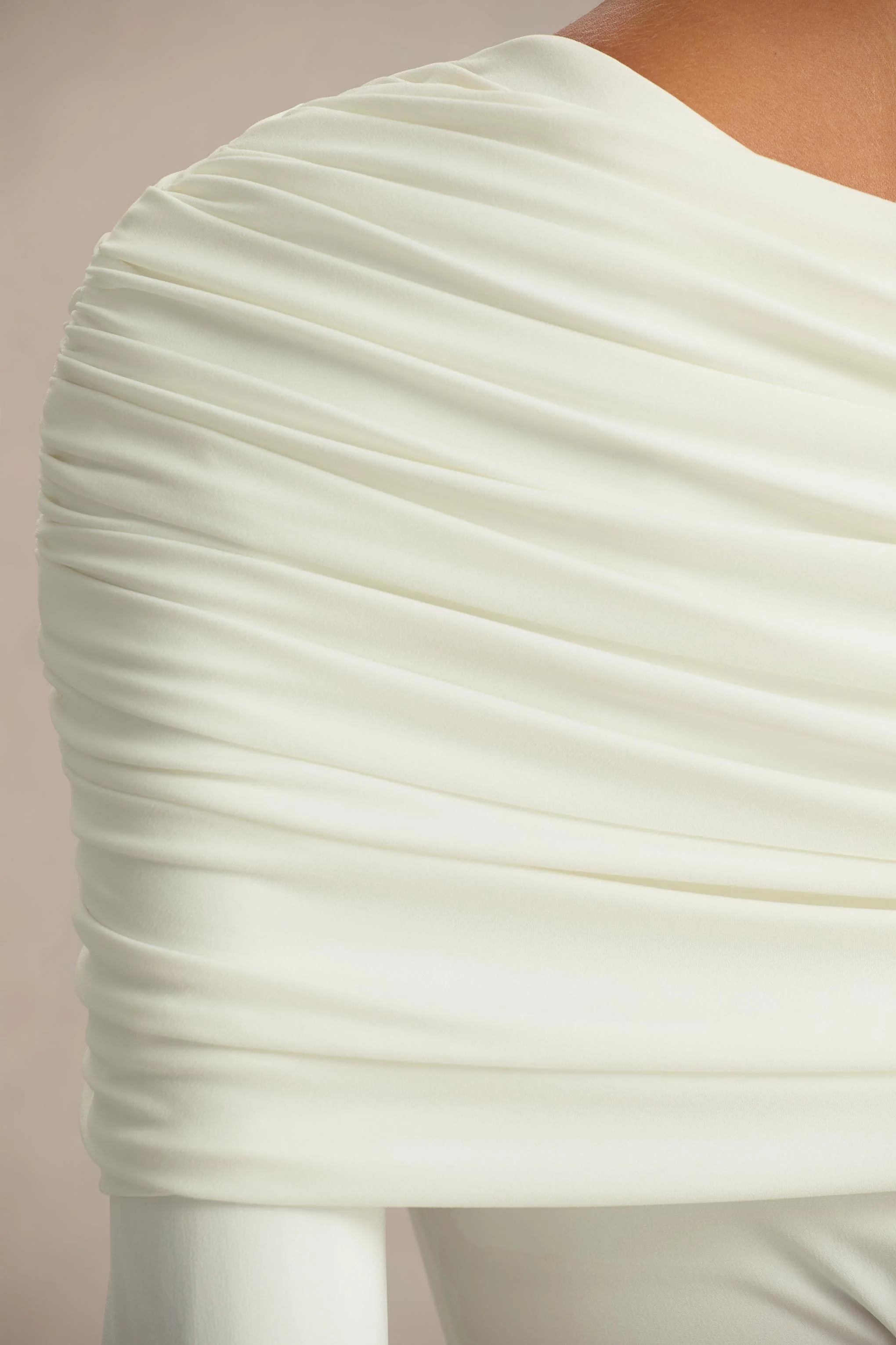 Octavia | Cream Bardot-Neck Maxi Dress With Sash And Ruched Detailing - Image 6