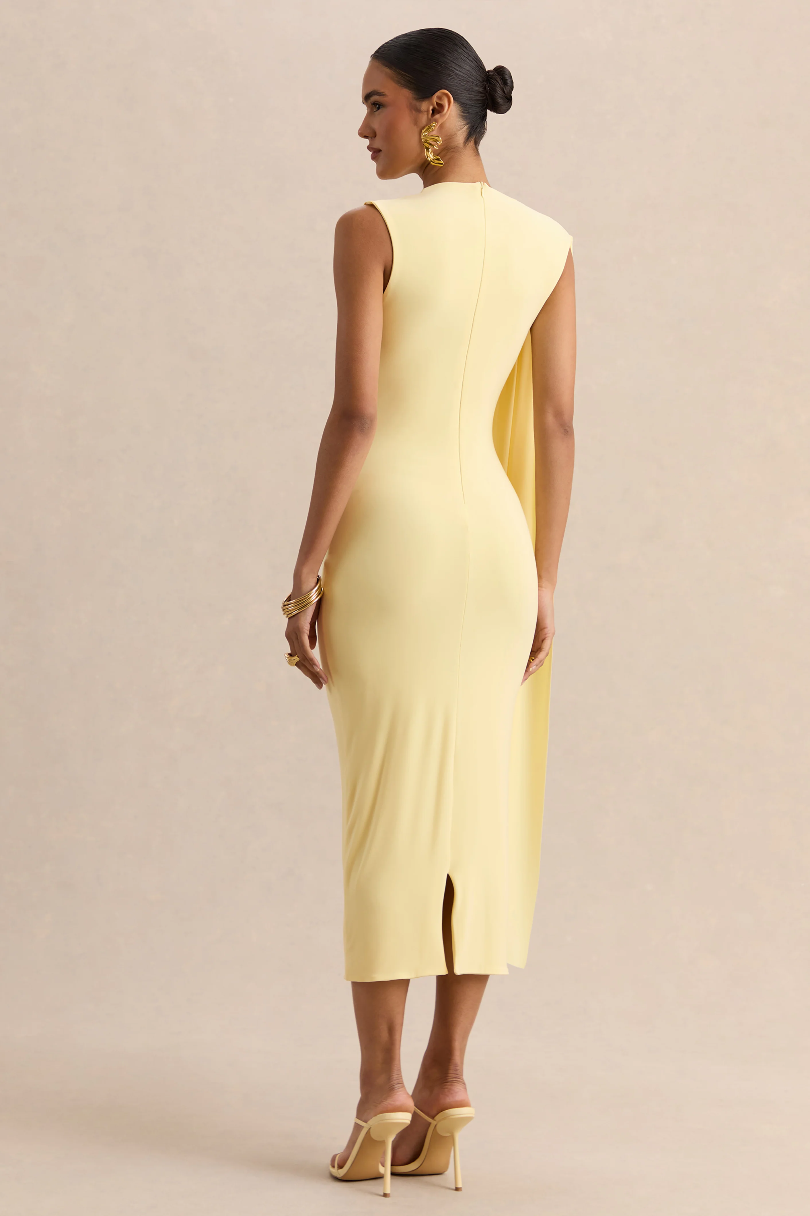 Oleandra | Lemon High-Neck Midi-Dress With Draped-Detail - Image 2