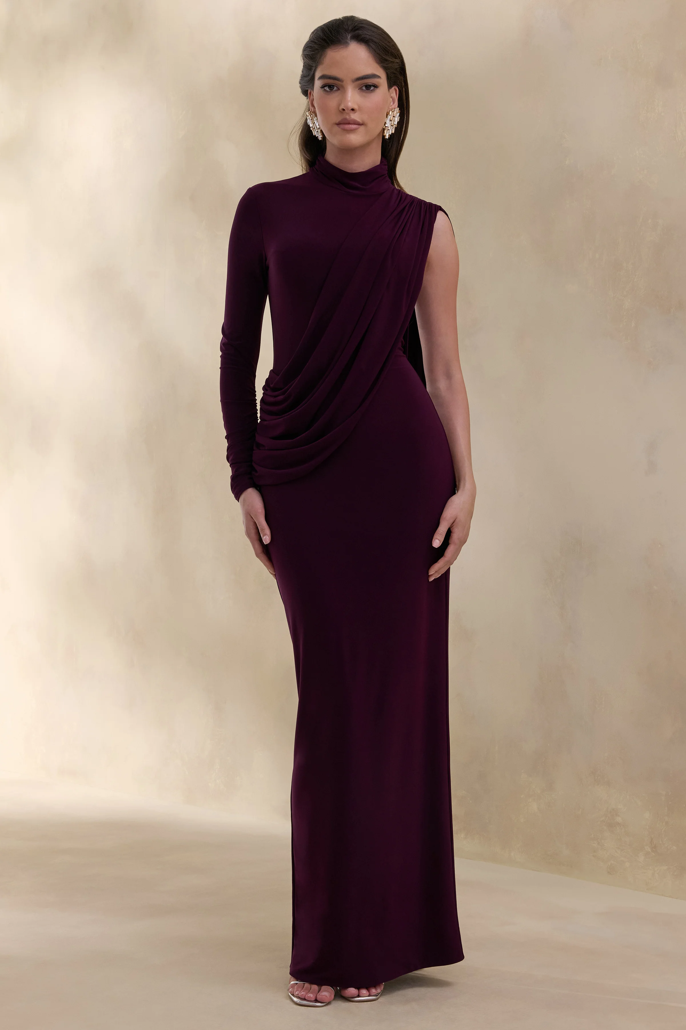 Oliria | Dark Plum High-Neck Maxi Dress With One-Long Sleeve And Sash-Detail - Image 5