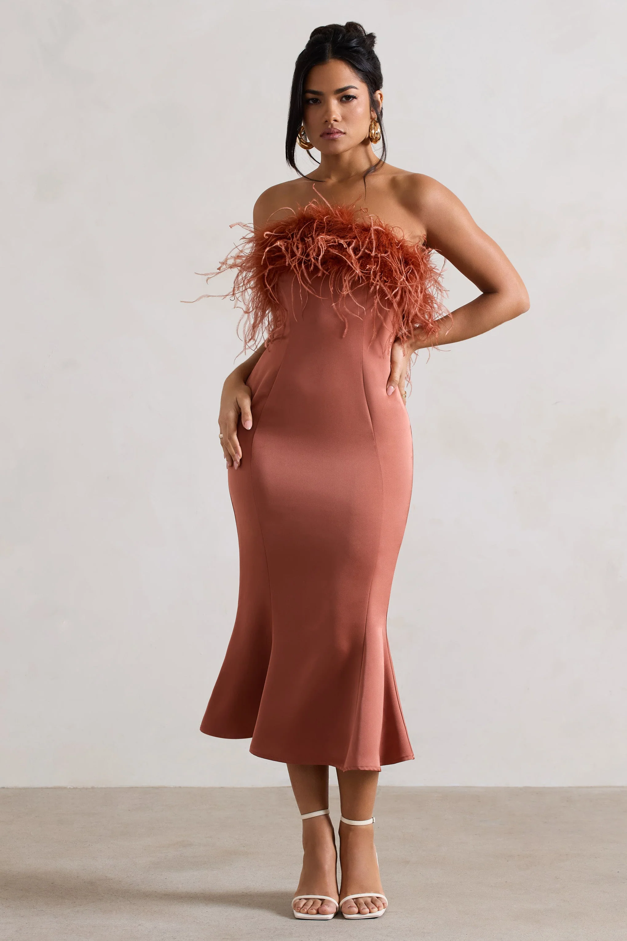 One And Only | Rust Satin Feather Trim Bandeau Midi Dress - Image 4