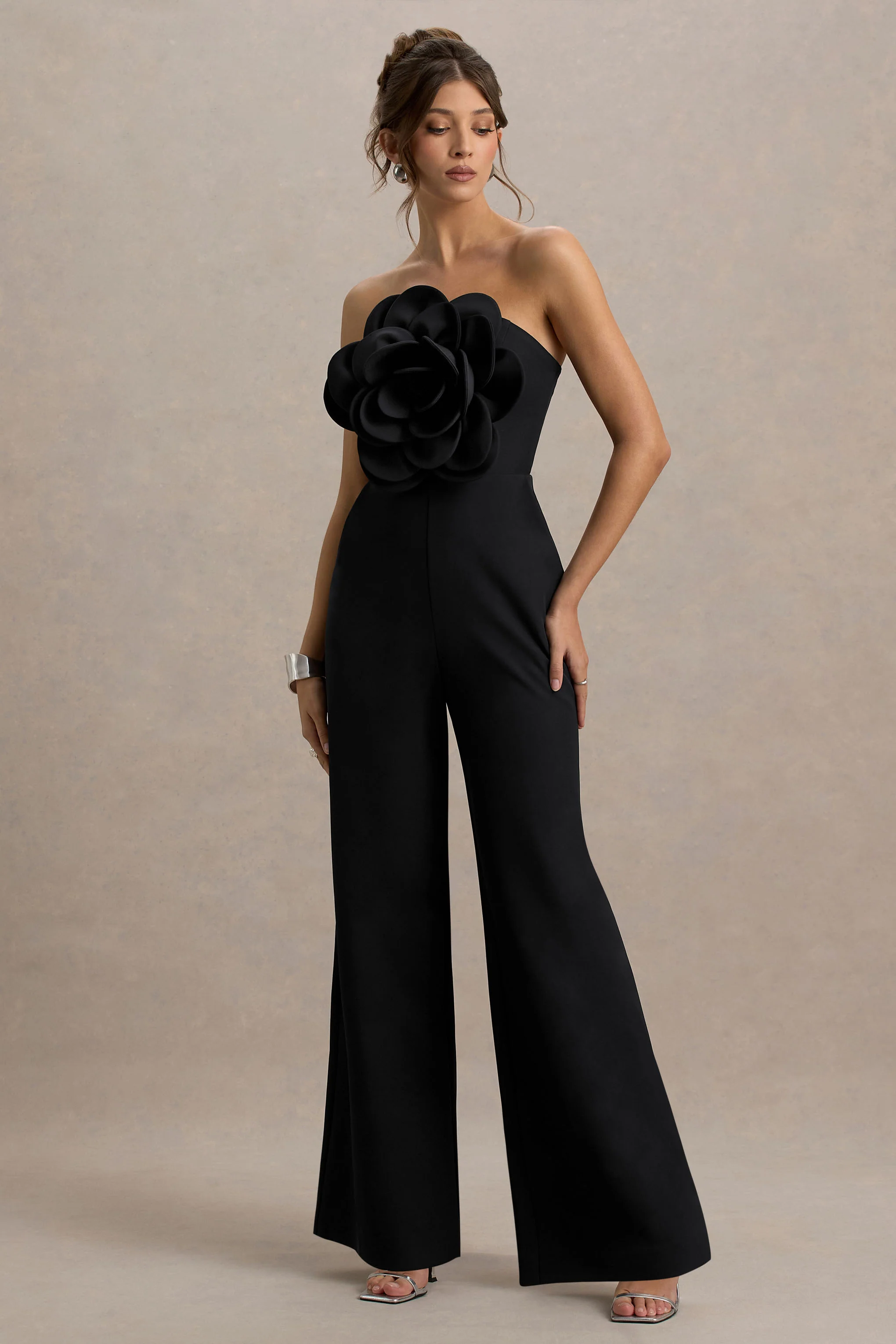 Opia | Black Bandeau Wide-Leg Jumpsuit With Large Floral Corsage - Image 4