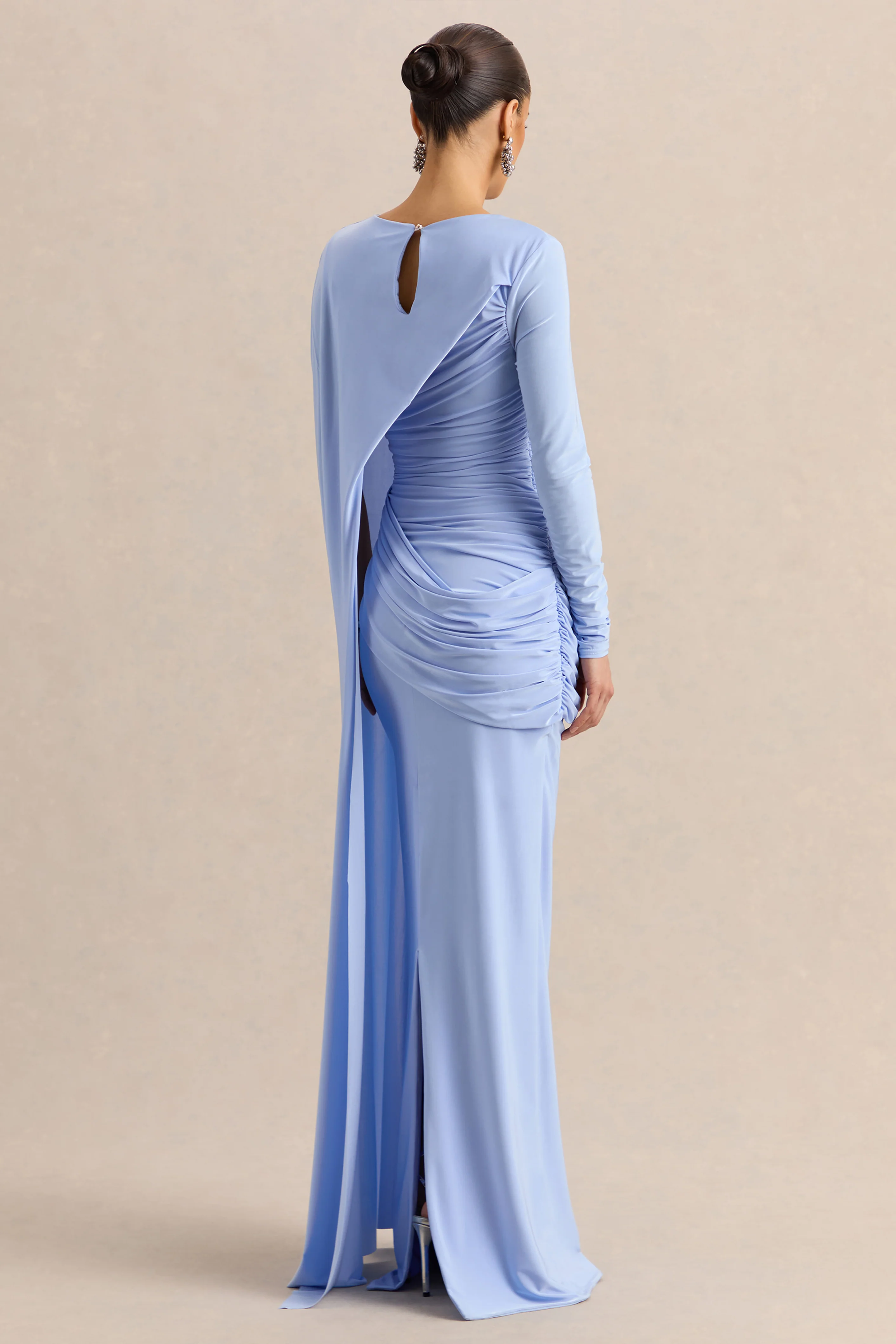 Orintha | Powder Blue Wide-Neck Maxi Dress With Cape And Gold-Detail - Image 2
