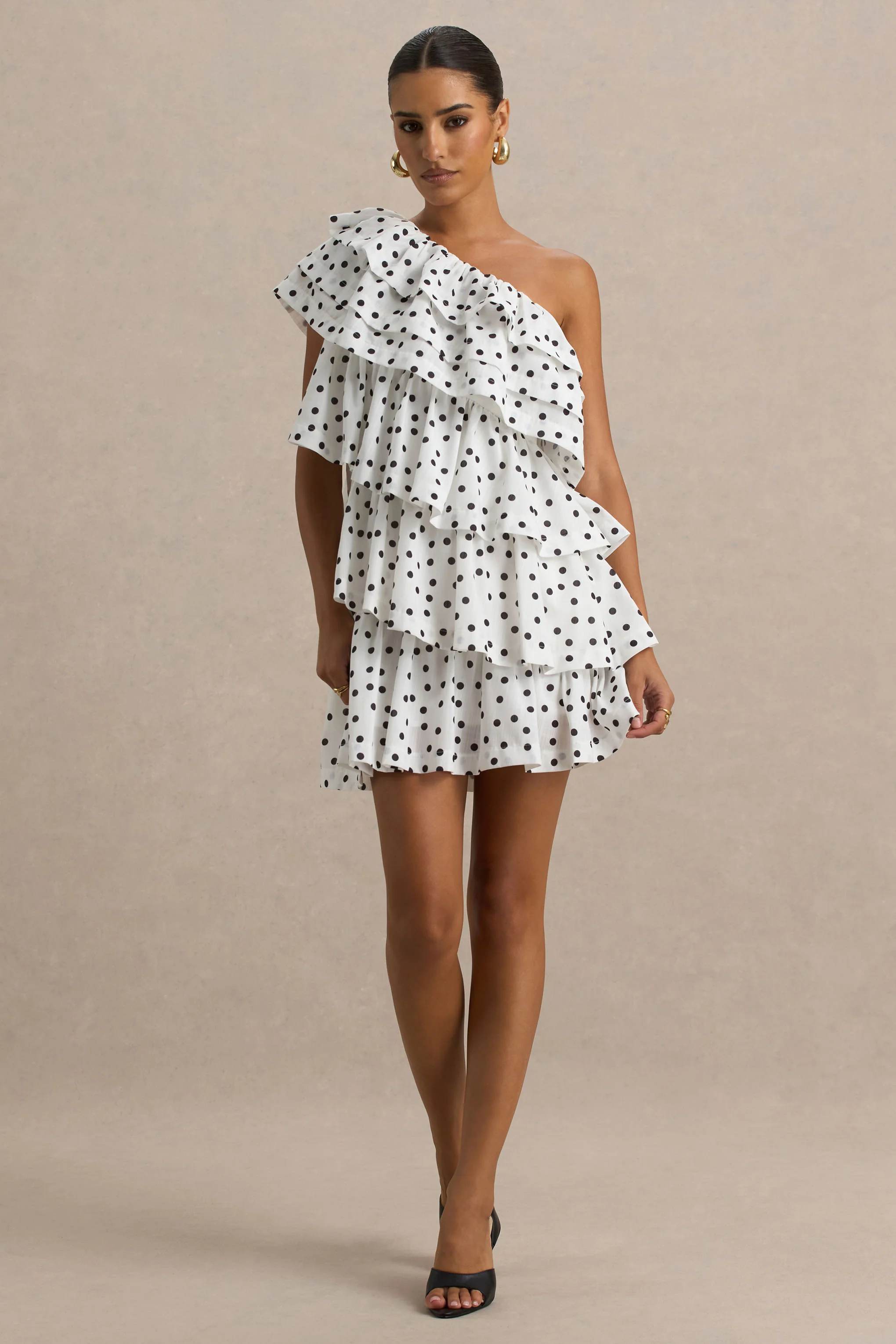 Orla | White Polka Dot Asymmetric Ruffled Mini Dress - Image 3