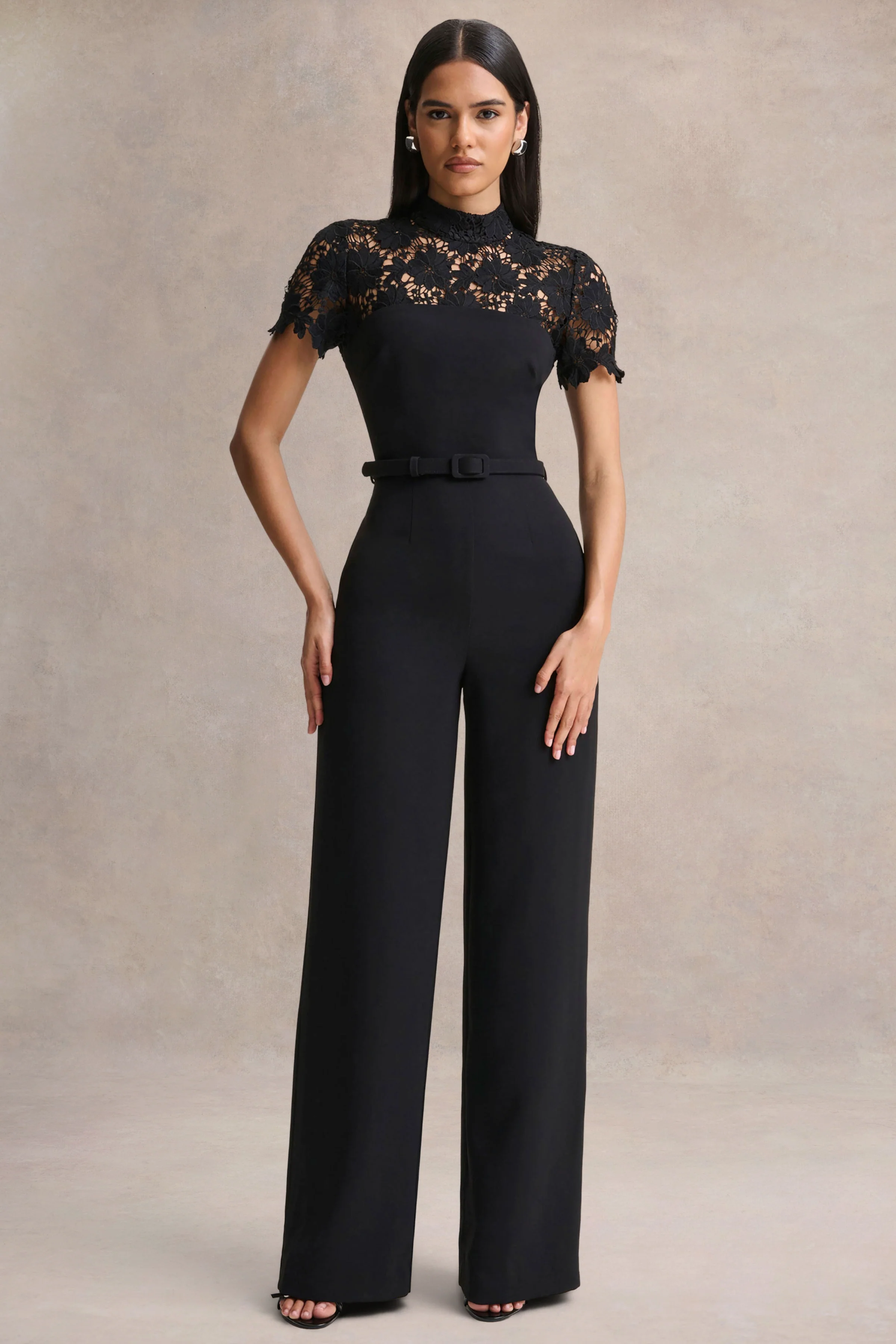 Orlina | Black High-Neck Jumpsuit With Lace Detailing