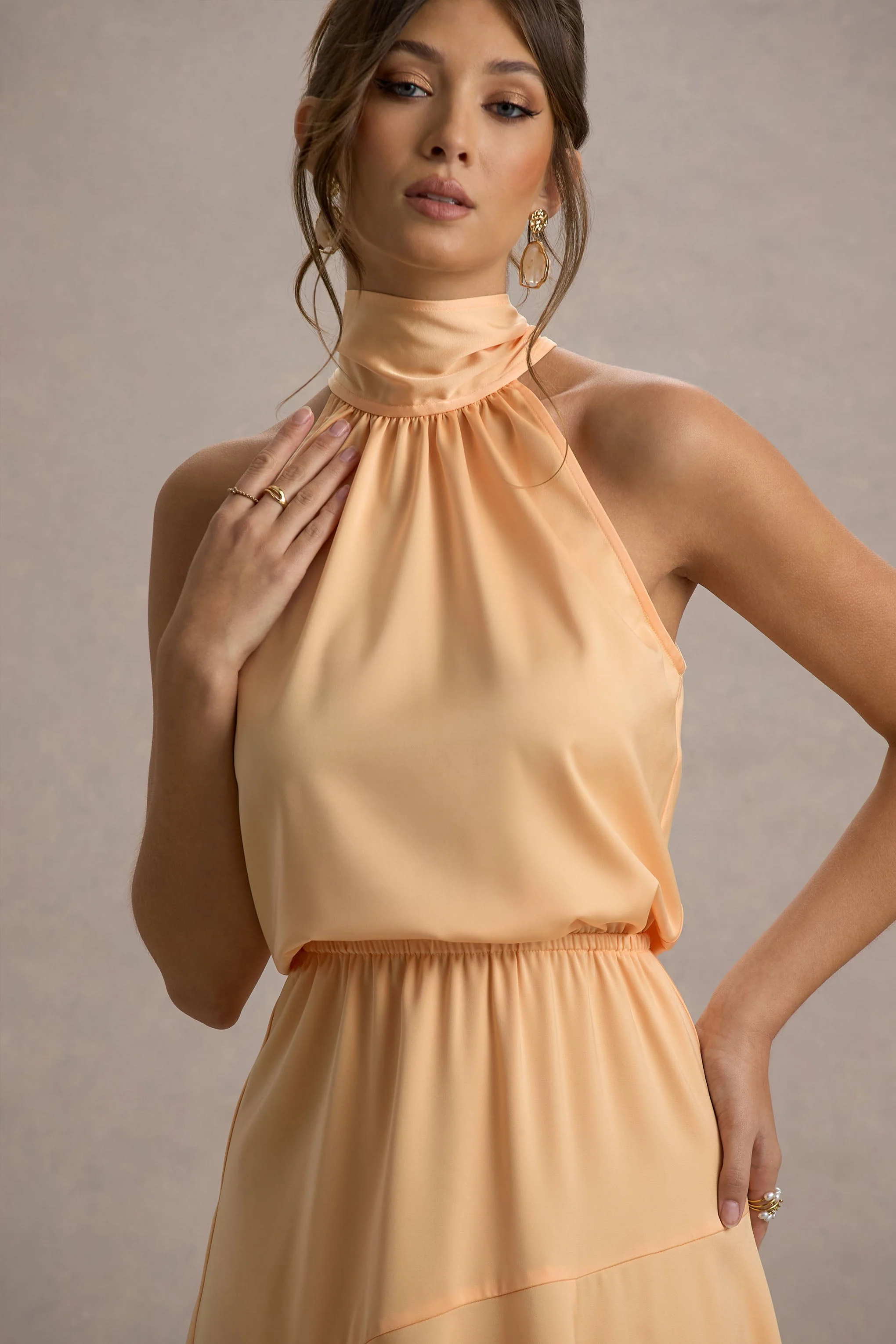 Palonia | Peach Satin High-Neck Split Midi Dress - Image 3