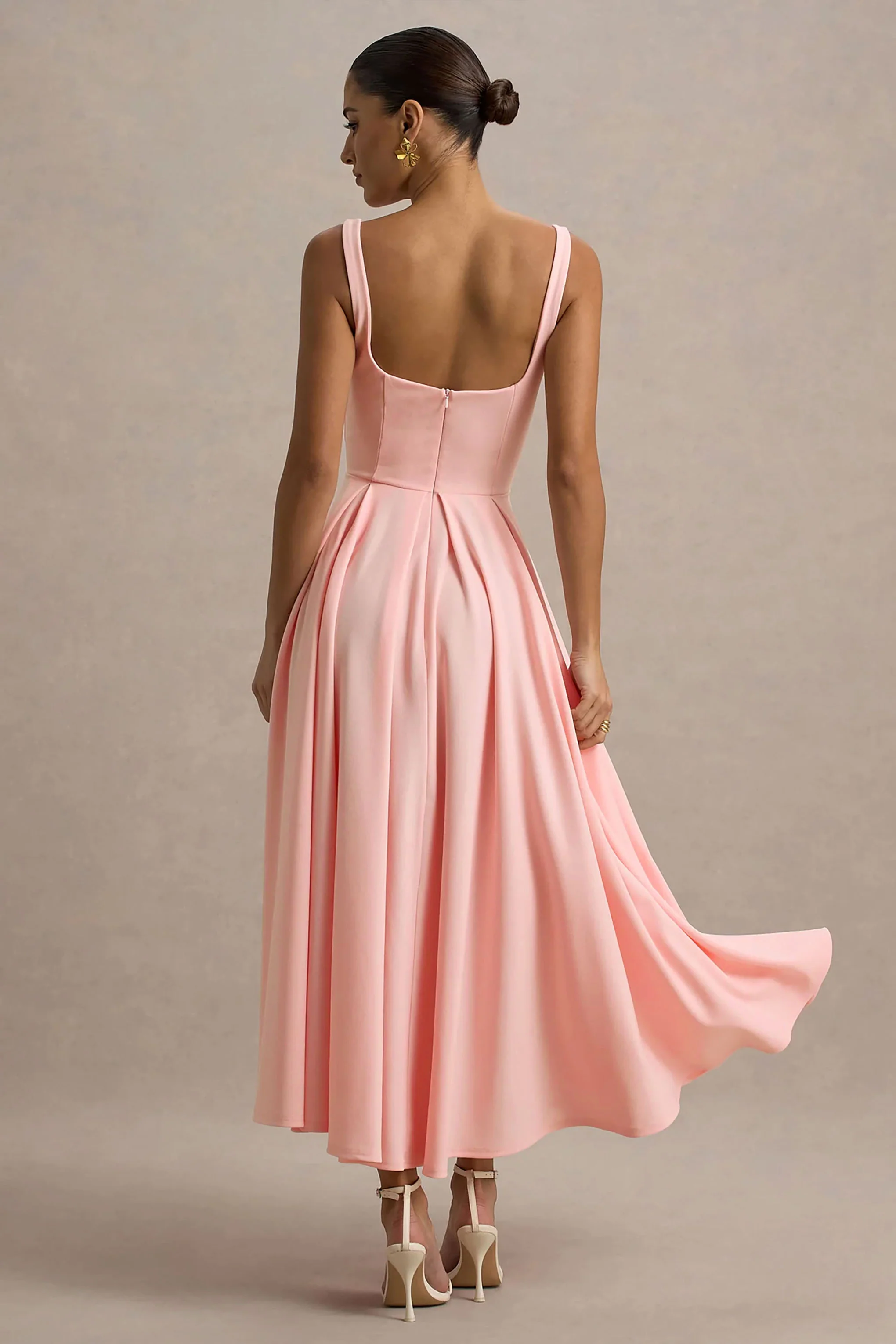 Parina | Pink Strappy Volume-Hem Midi Dress - Image 2