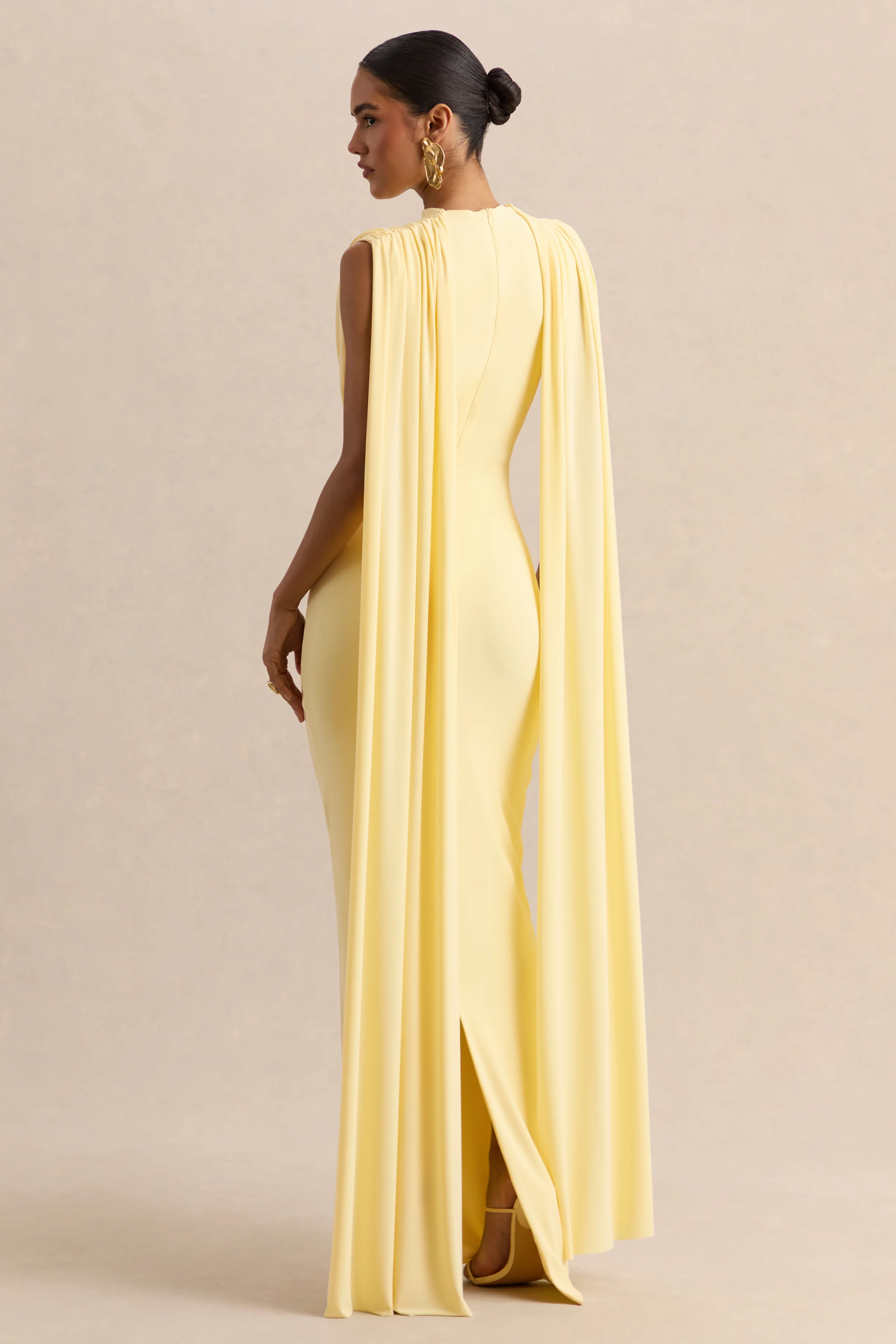 Patrina | Lemon High-Neck Maxi Dress With Draped-Detailing And Cape-Sleeves - Image 2