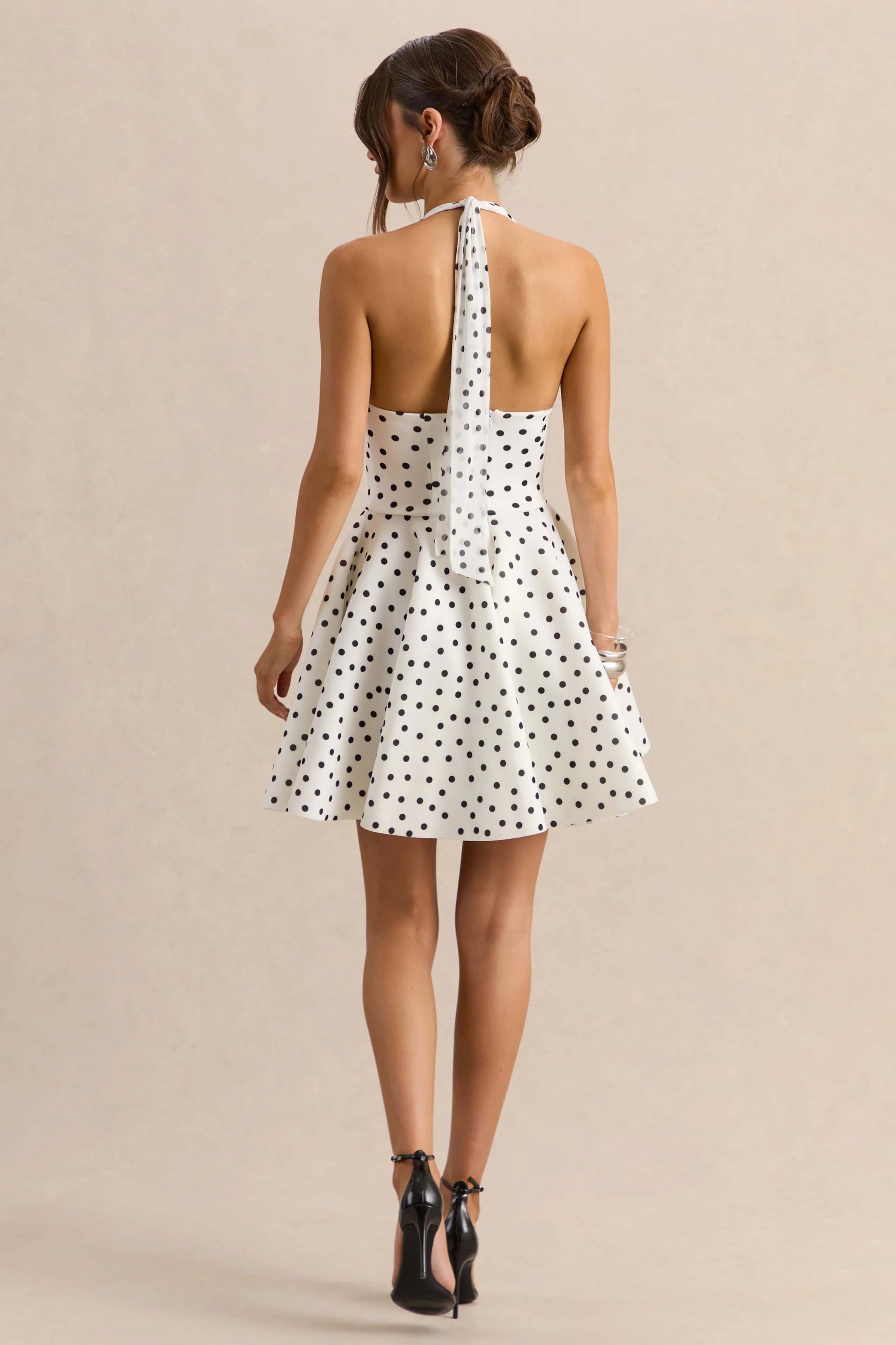 Peggy | White & Black Polka Dot Halter-Neck Skater Mini Dress - Image 2