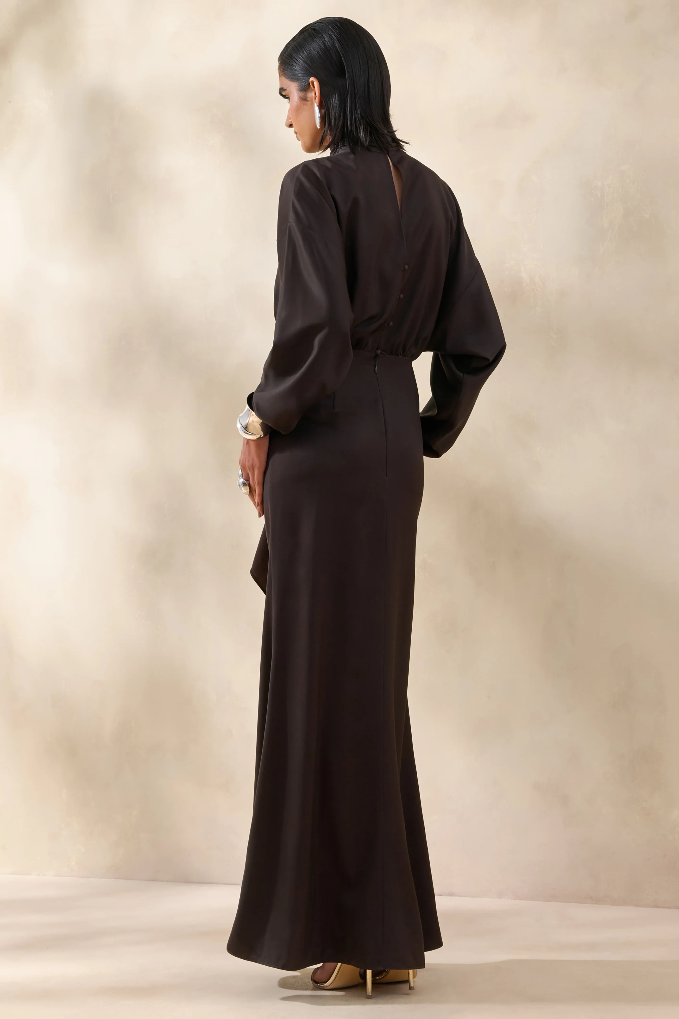 Perla | Dark Brown High-Neck Maxi Dress With Gathered-Detailing - Image 2