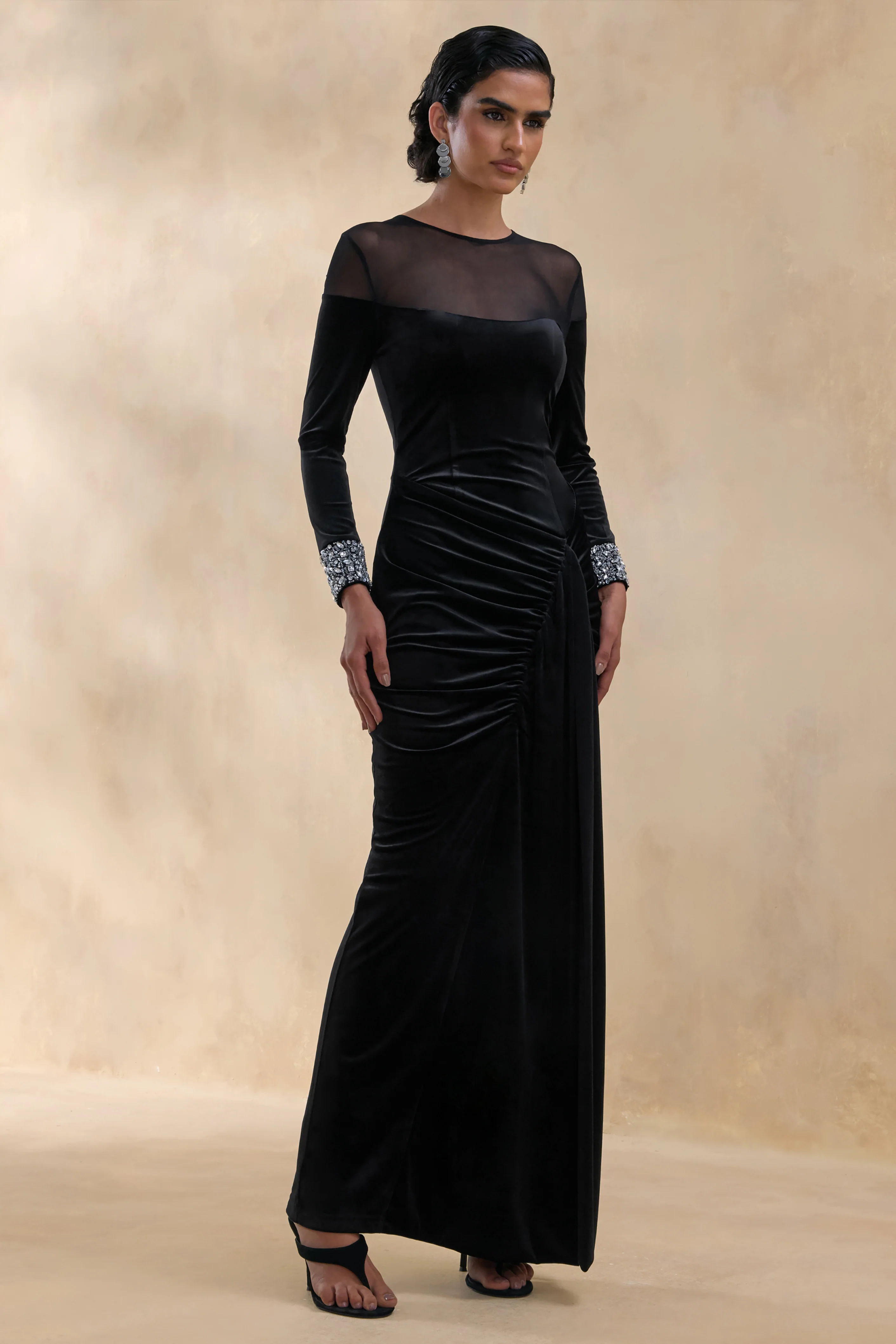 Perrin | Black Velvet Crew-Neck Maxi Dress With Embellished Cuffs - Image 5