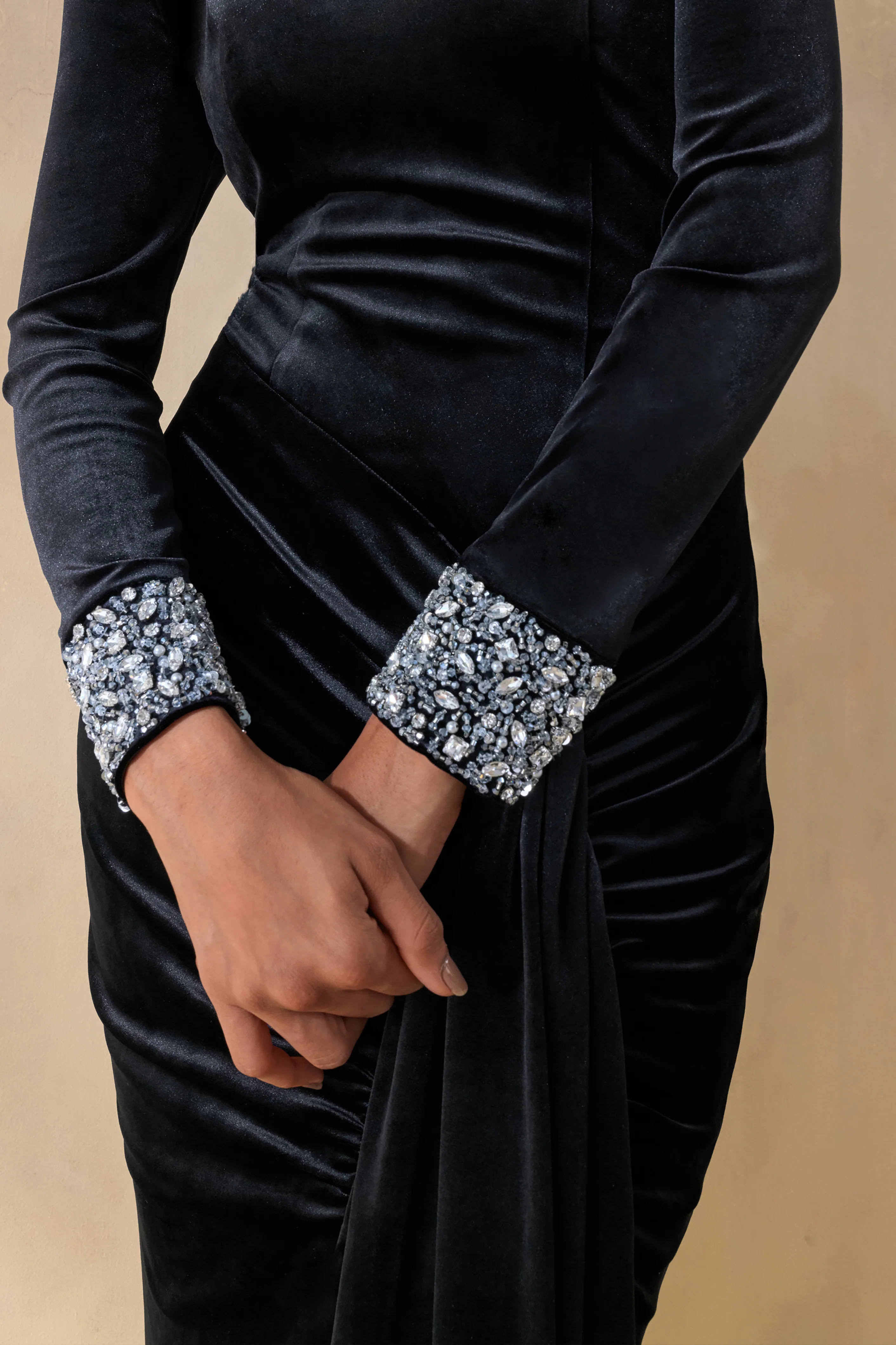 Perrin | Black Velvet Crew-Neck Maxi Dress With Embellished Cuffs - Image 6