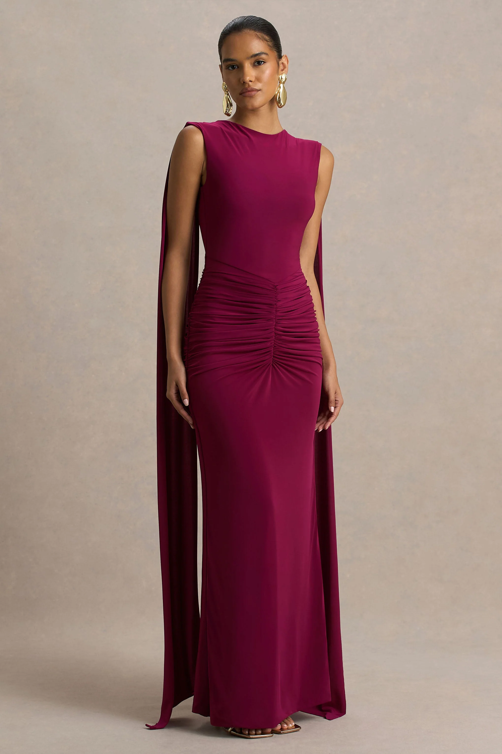 Premiere | Burgundy Boat-Neck Maxi Dress With Open-Back And Cape-Sleeves - Image 2