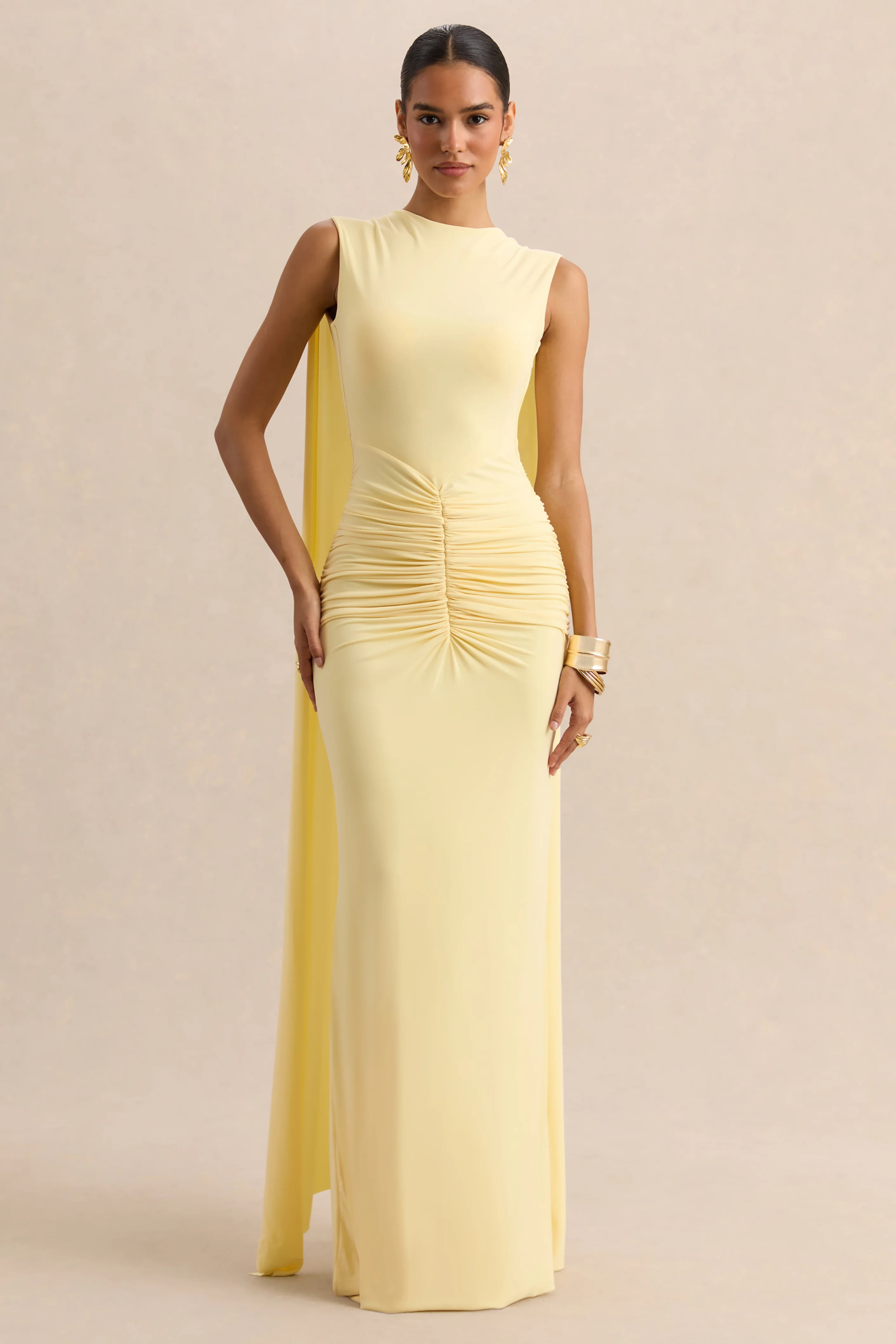 Premiere | Lemon Boat-Neck Maxi Dress With Cape-Sleeves And Open-Back - Image 2