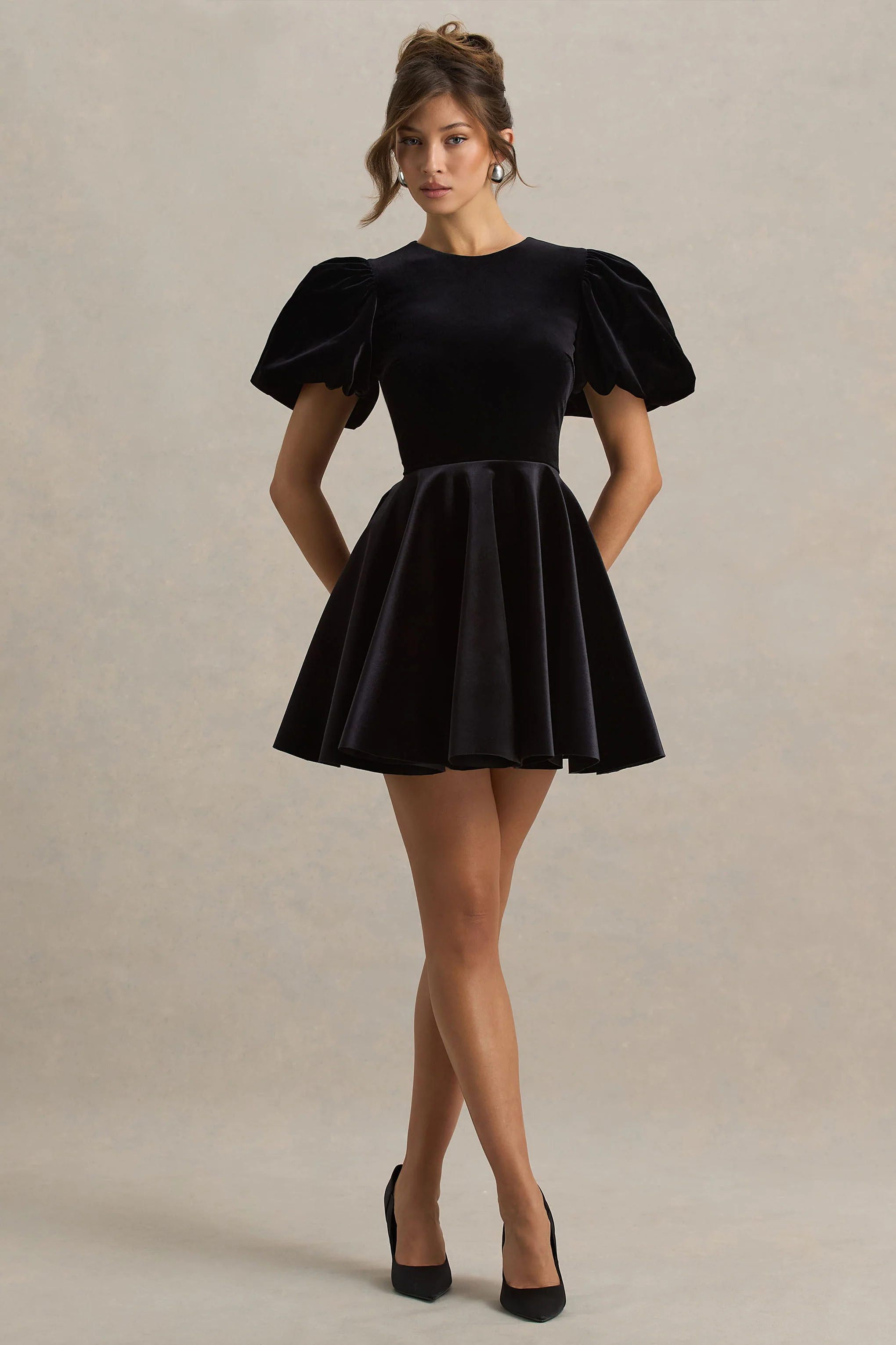 Priya | Black Velvet Mini Dress With Puff Sleeves - Image 4