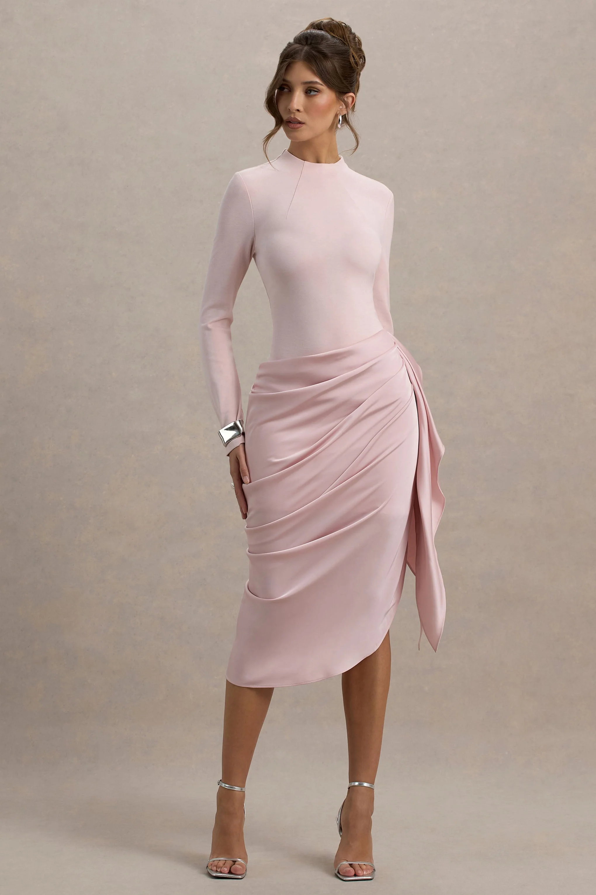 Raffie | Pink Long-Sleeve Midi Dress With Satin Wrap Skirt - Image 4