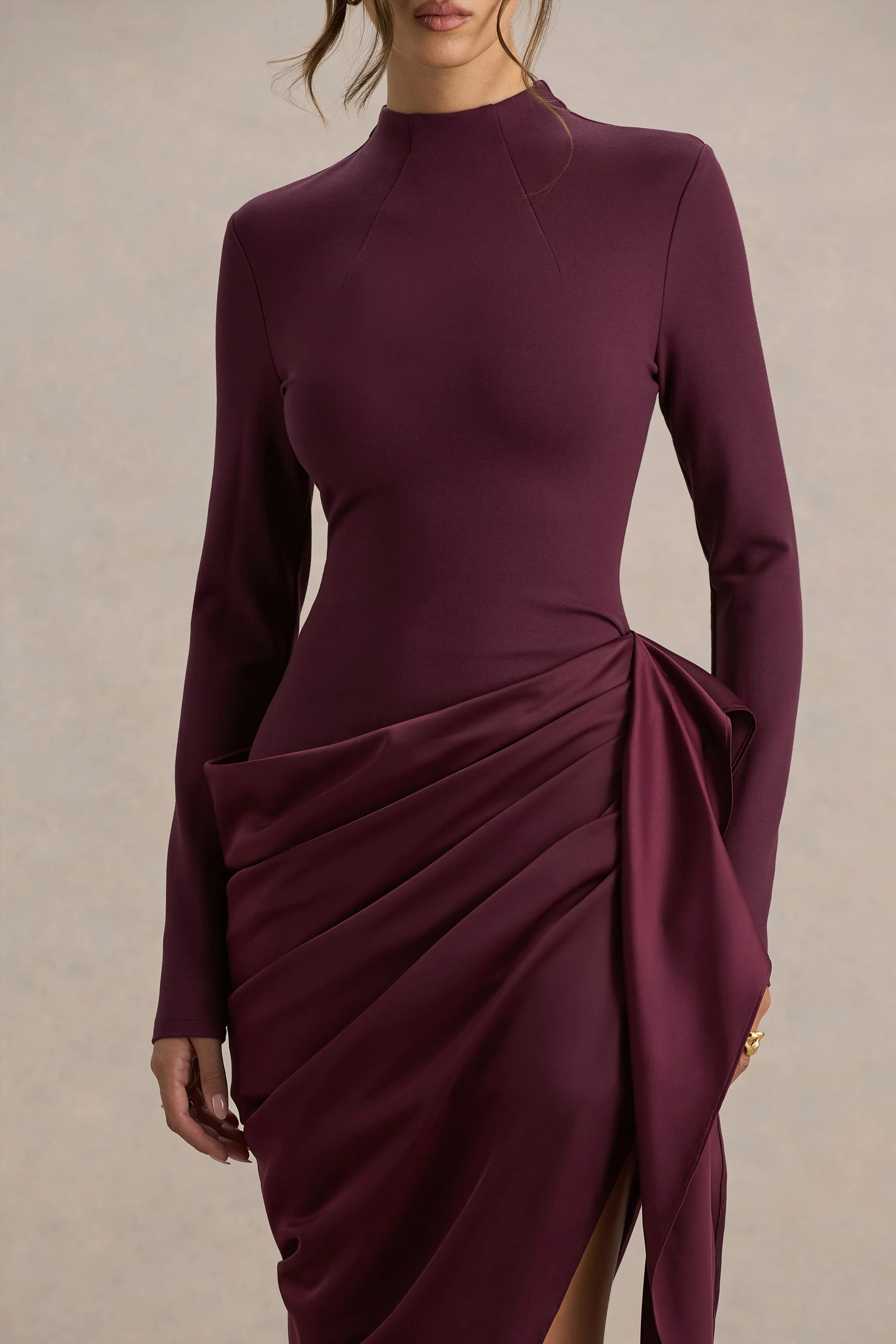 Raffie | Plum Long-Sleeve Midi Dress With Satin Wrap Skirt - Image 4