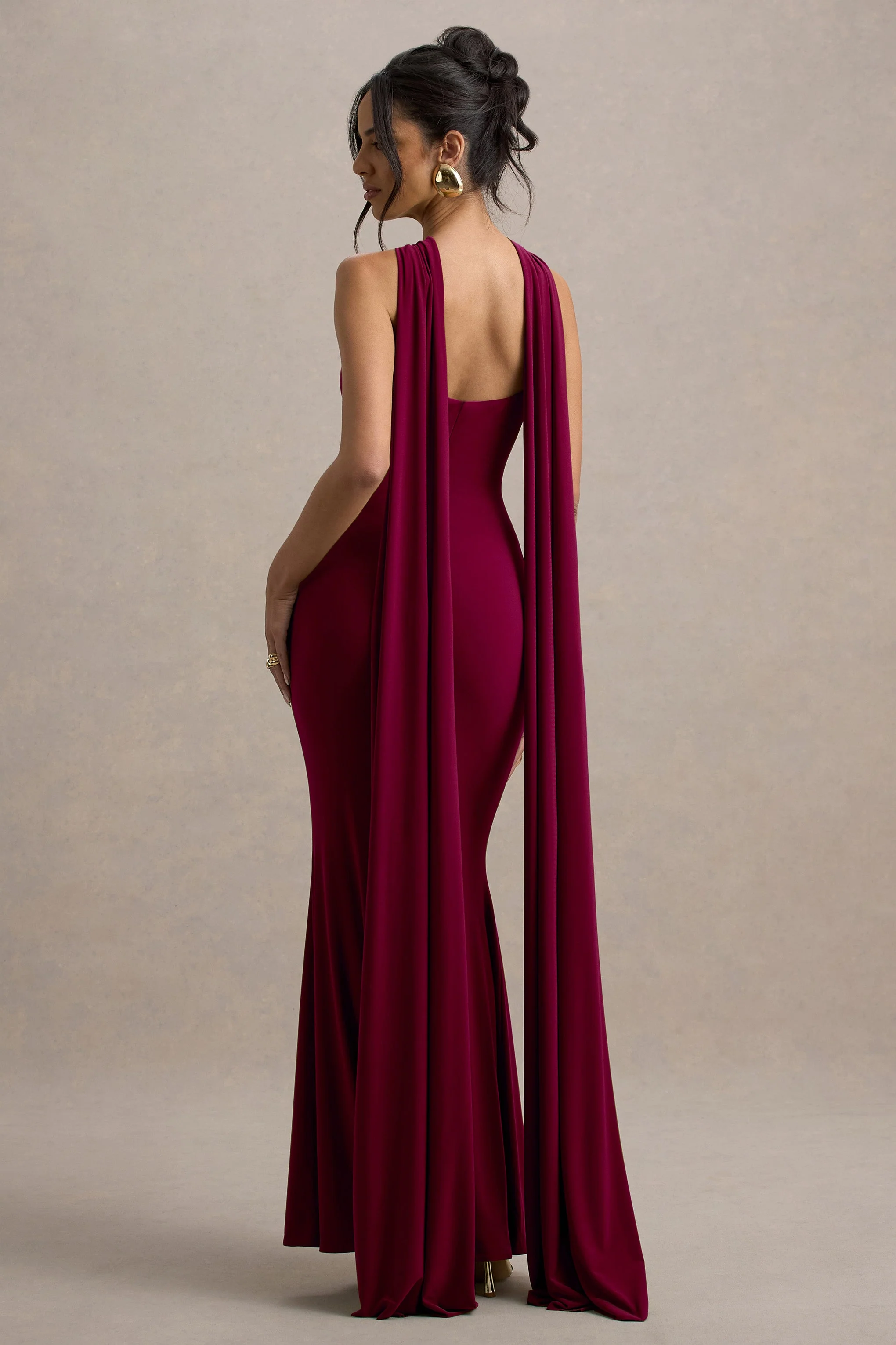 Rhoda | Burgundy Twist Halter-Neck Cape Maxi Dress - Image 2