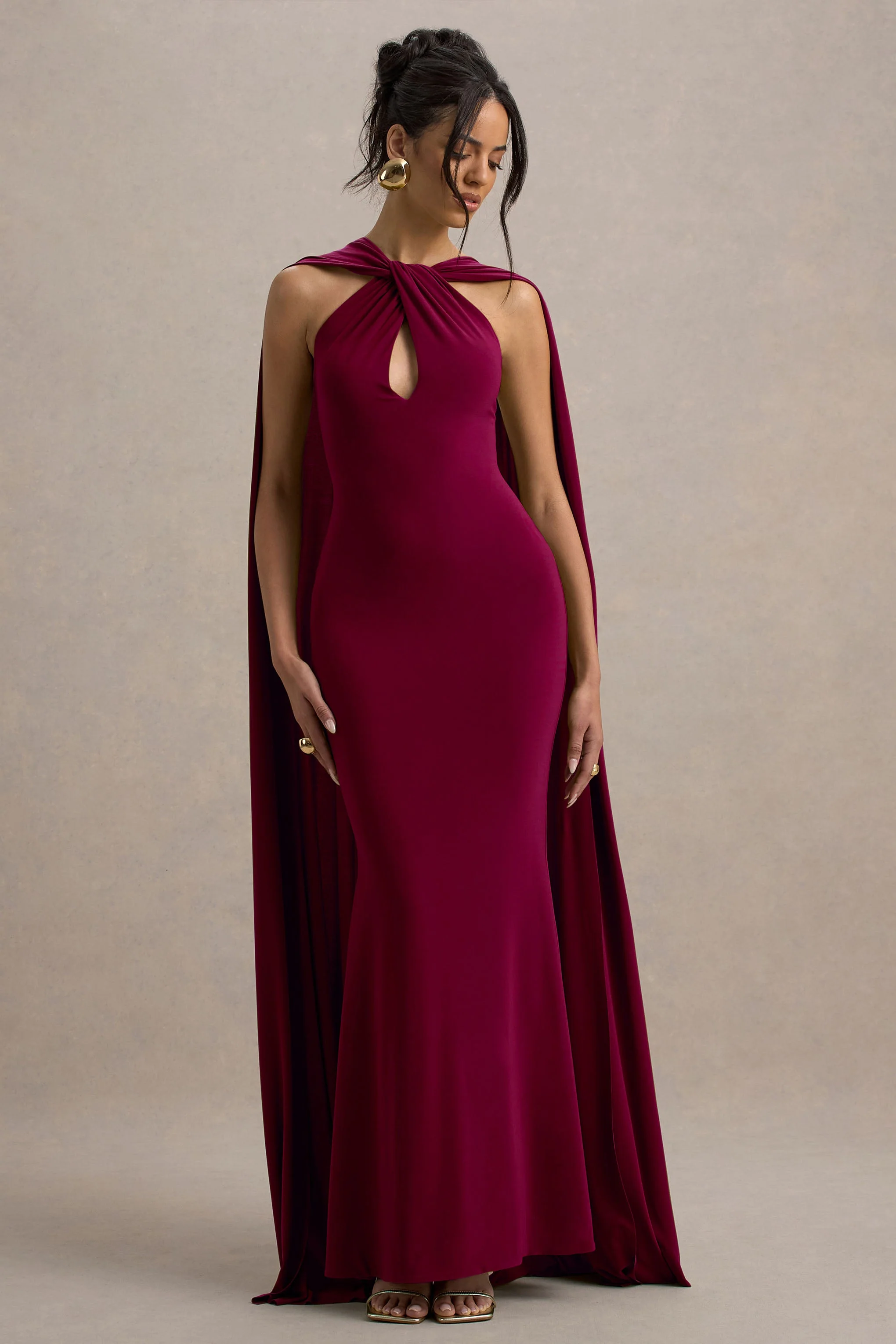 Rhoda | Burgundy Twist Halter-Neck Cape Maxi Dress - Image 5