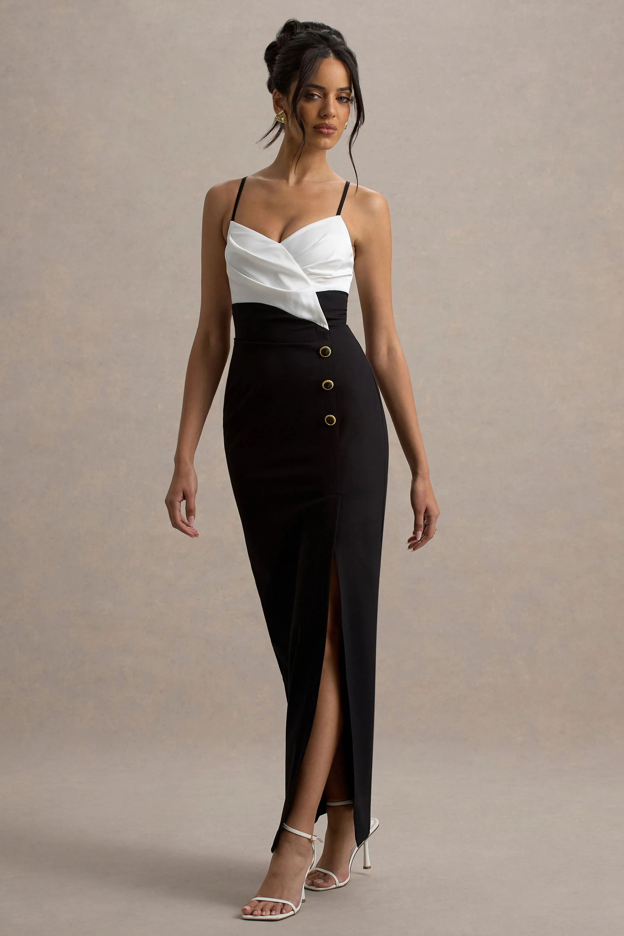 Rosalind | Black & White Strappy Tailored Maxi Dress With Split - Image 6