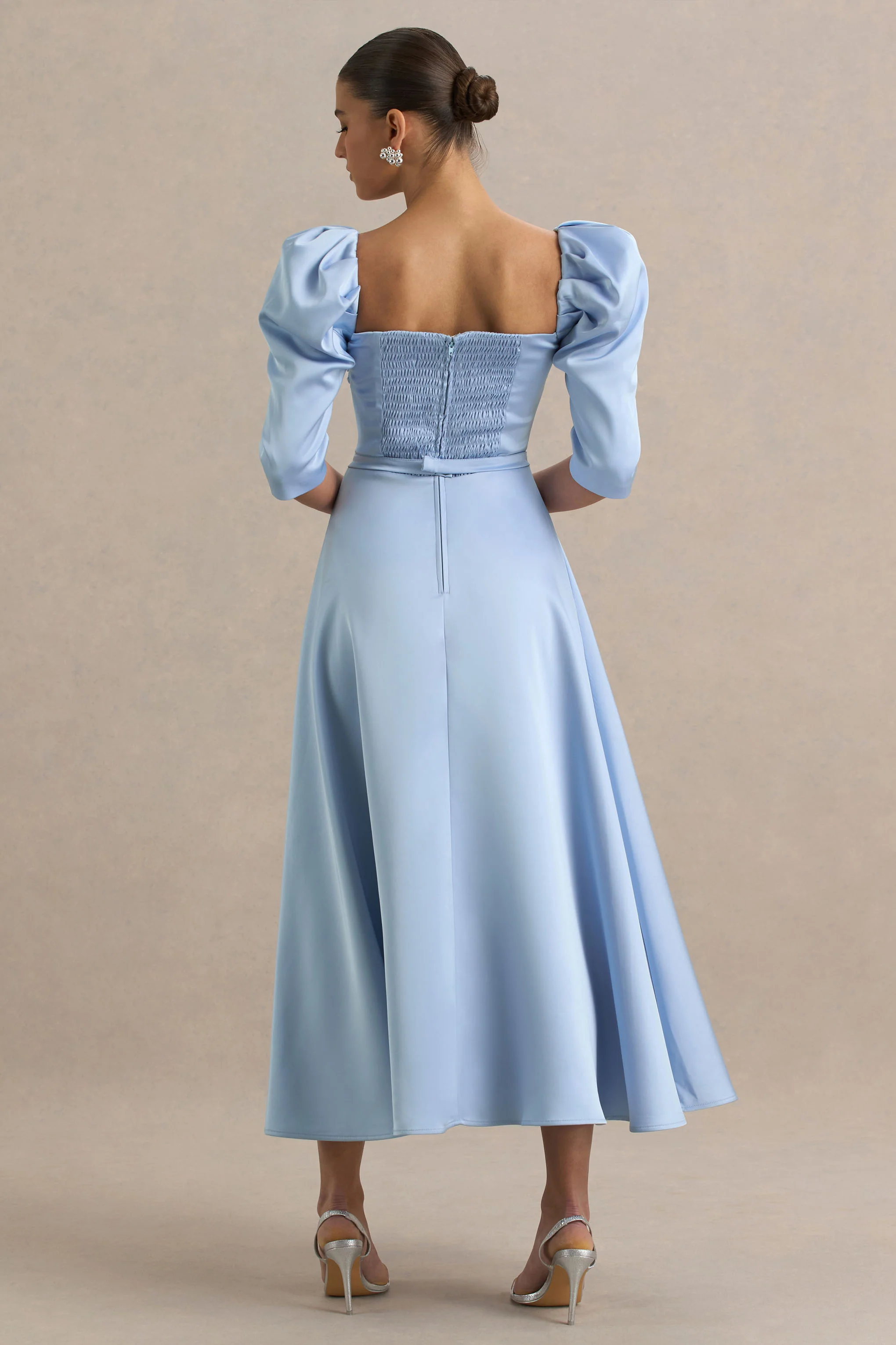 Rosey | Powder Blue Satin Sweetheart Midi Dress - Image 2