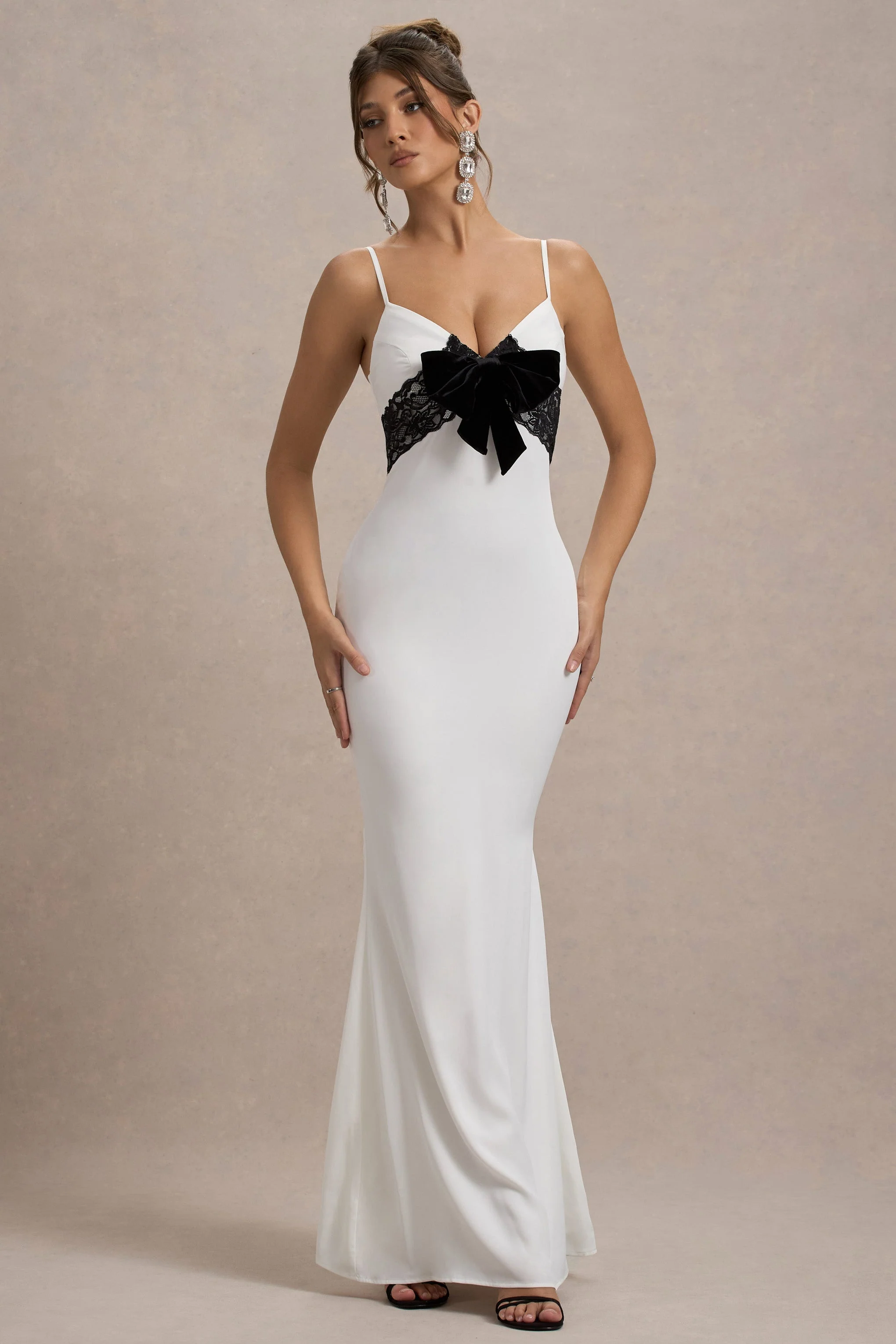 Rumi | White Satin Strappy Maxi Dress With Velvet Bow - Image 4