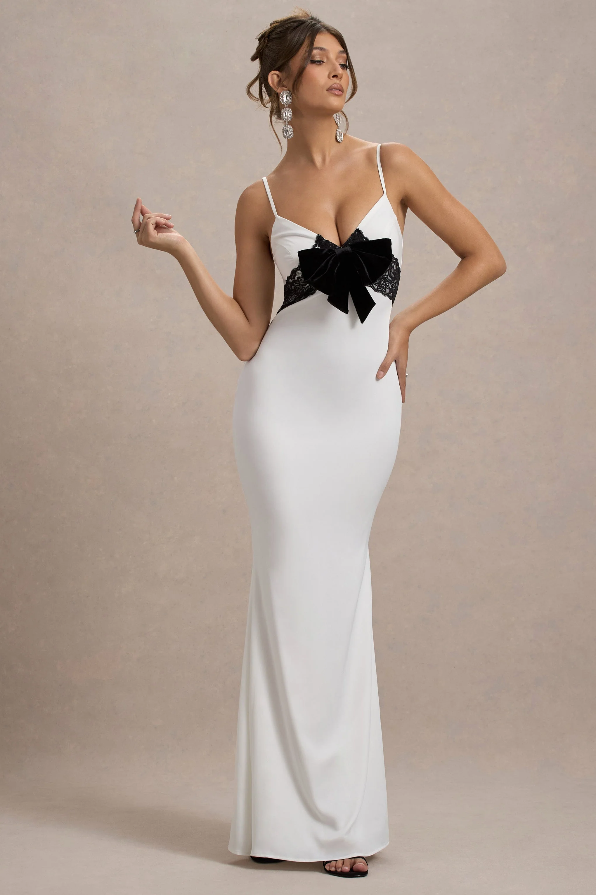 Rumi | White Satin Strappy Maxi Dress With Velvet Bow - Image 5