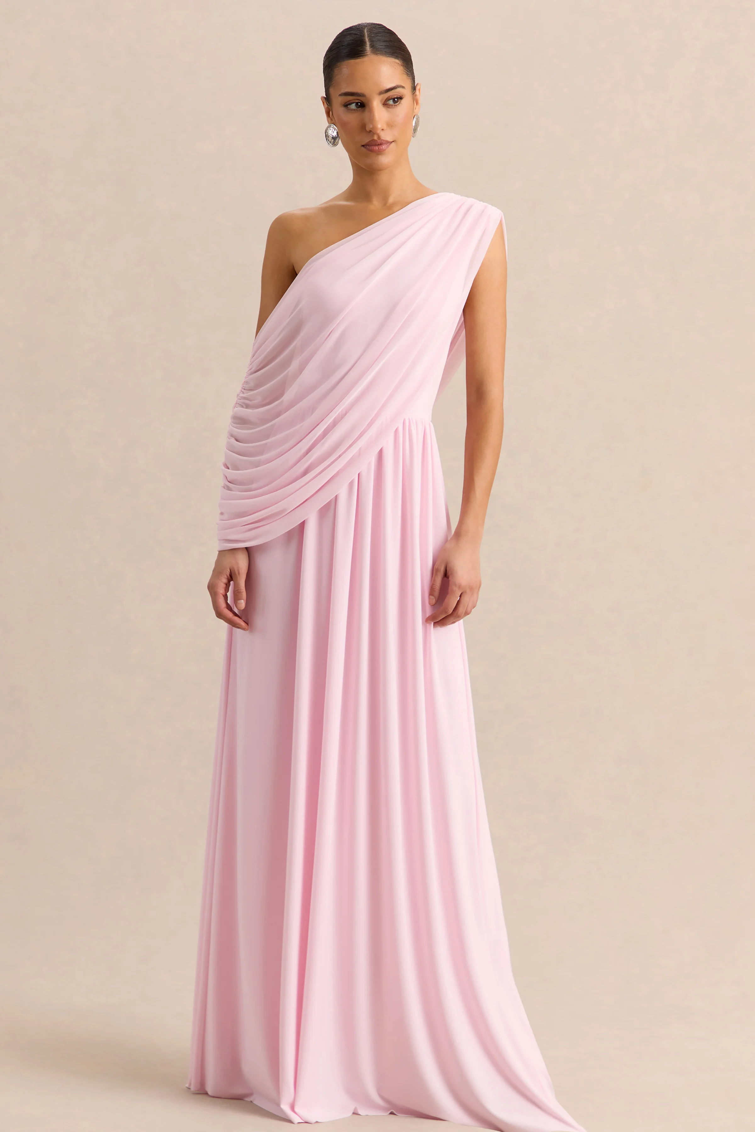 Sabianna | Pink Asymmetric-Neck Maxi Dress With Draped Detailing