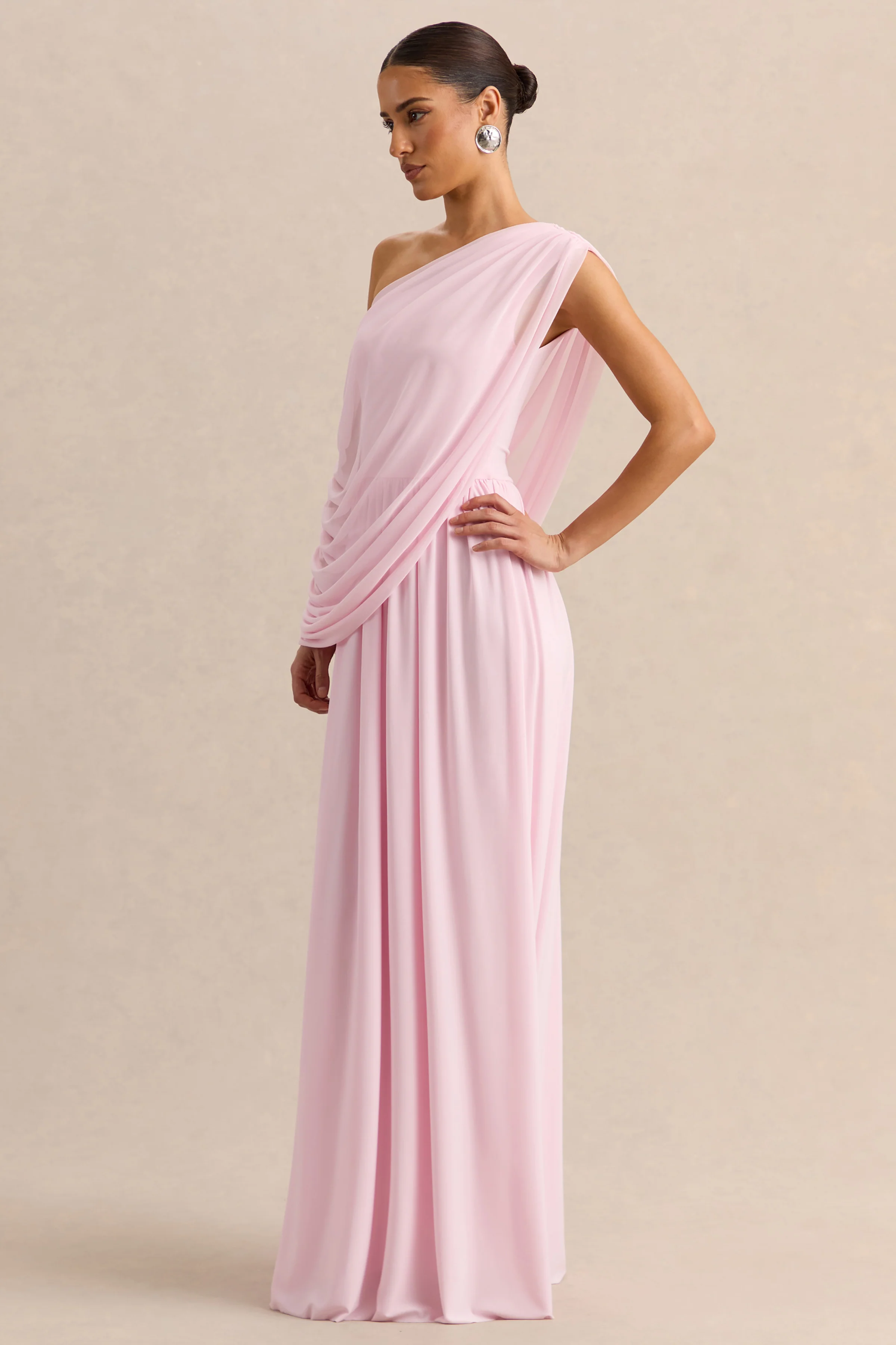 Sabianna | Pink Asymmetric-Neck Maxi Dress With Draped Detailing - Image 6