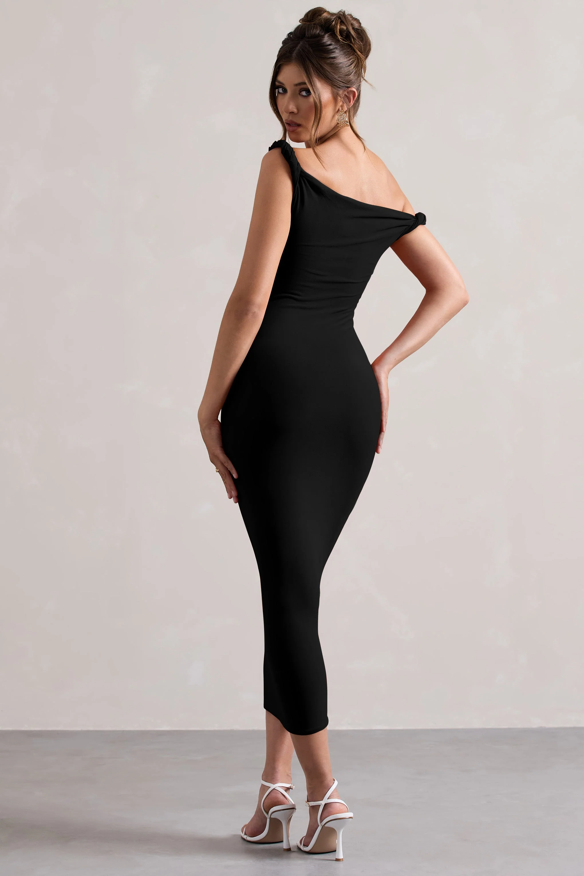 Salome | Black Twisted Asymmetric Midi Dress - Image 2