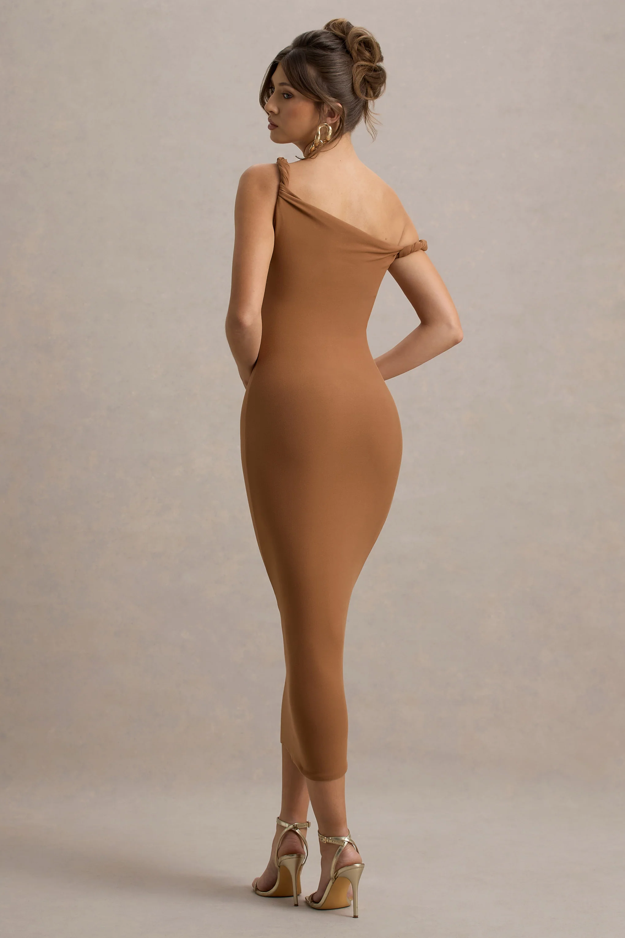 Salome | Brown Twisted Asymmetric Midi Dress - Image 2