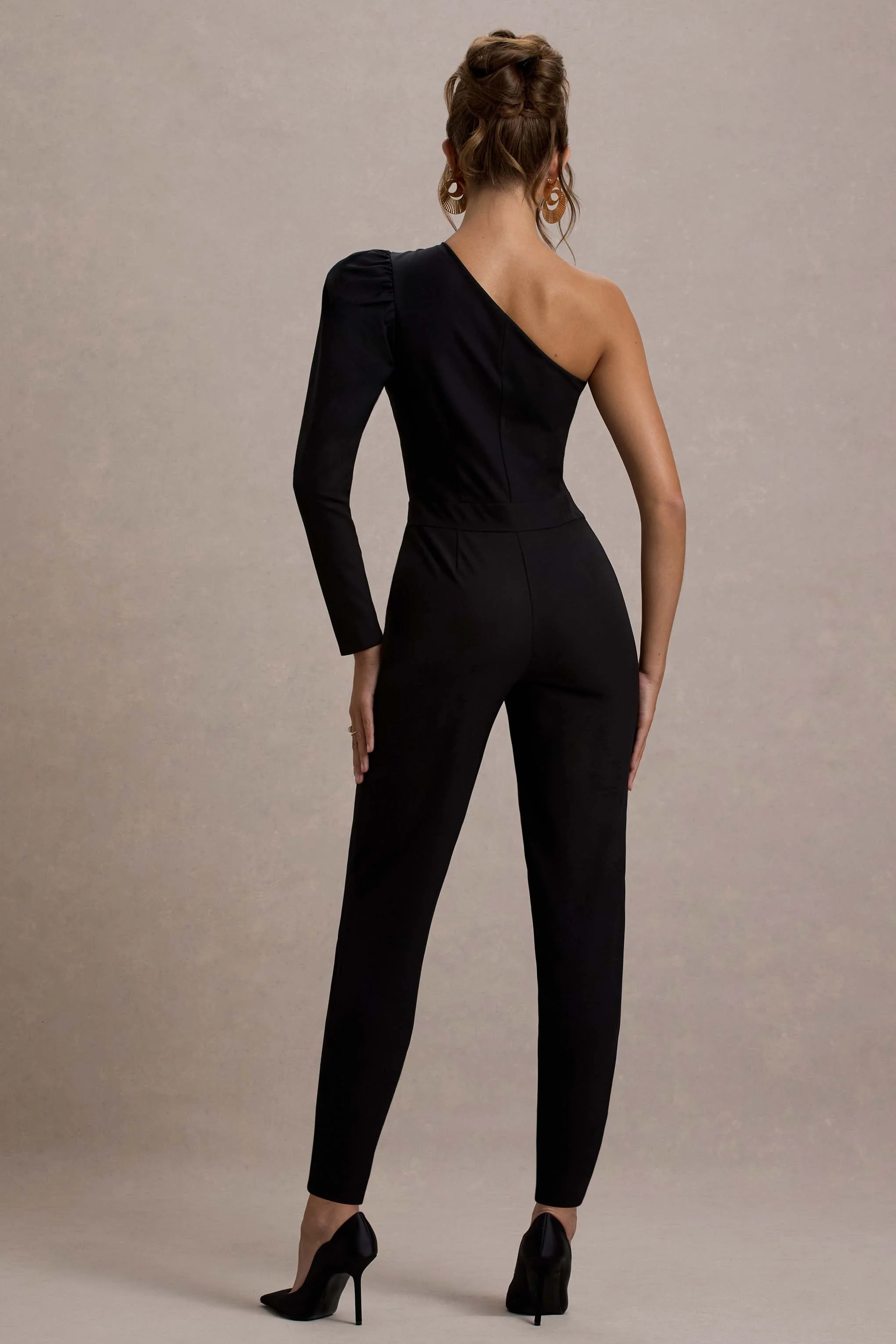 San Jose | Black One-Shoulder Puff-Sleeve Jumpsuit - Image 2