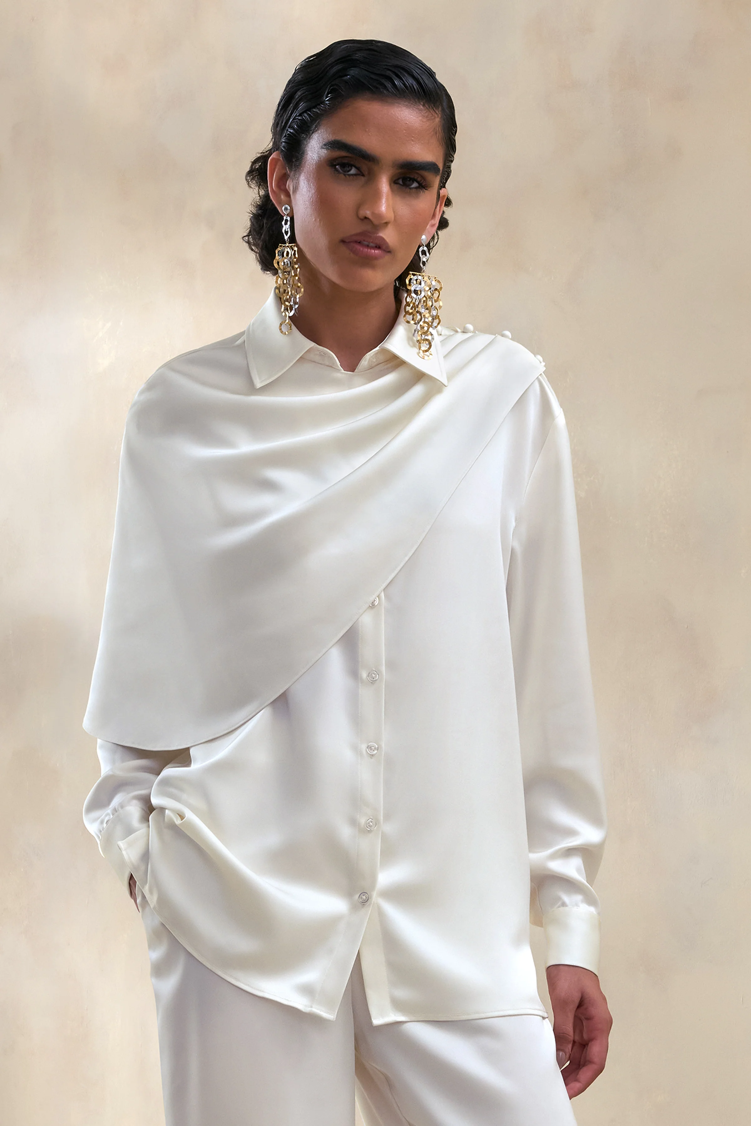 Serenza | Cream Satin Collared-Shirt With Cape-Detail - Image 4