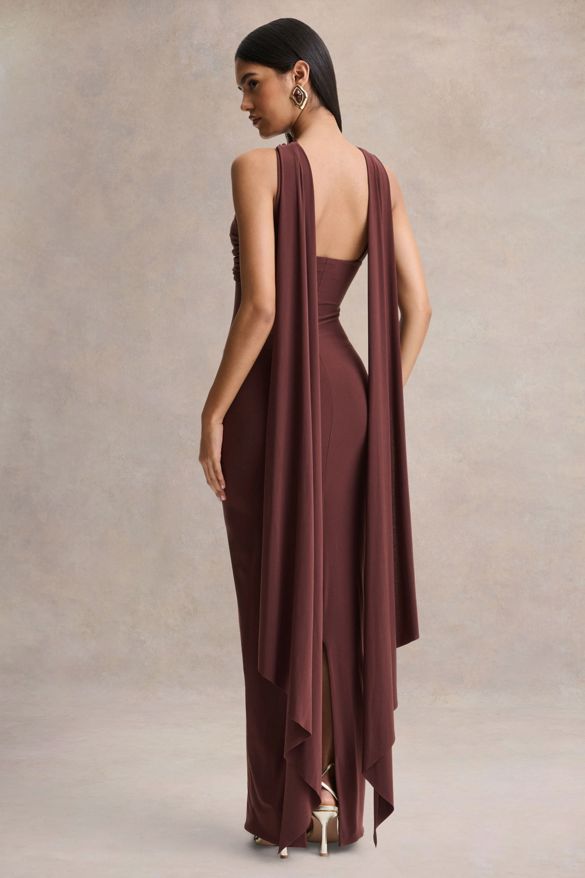 Sheila | Dark Brown Bandeau Maxi Dress With Scarf Detail - Image 2