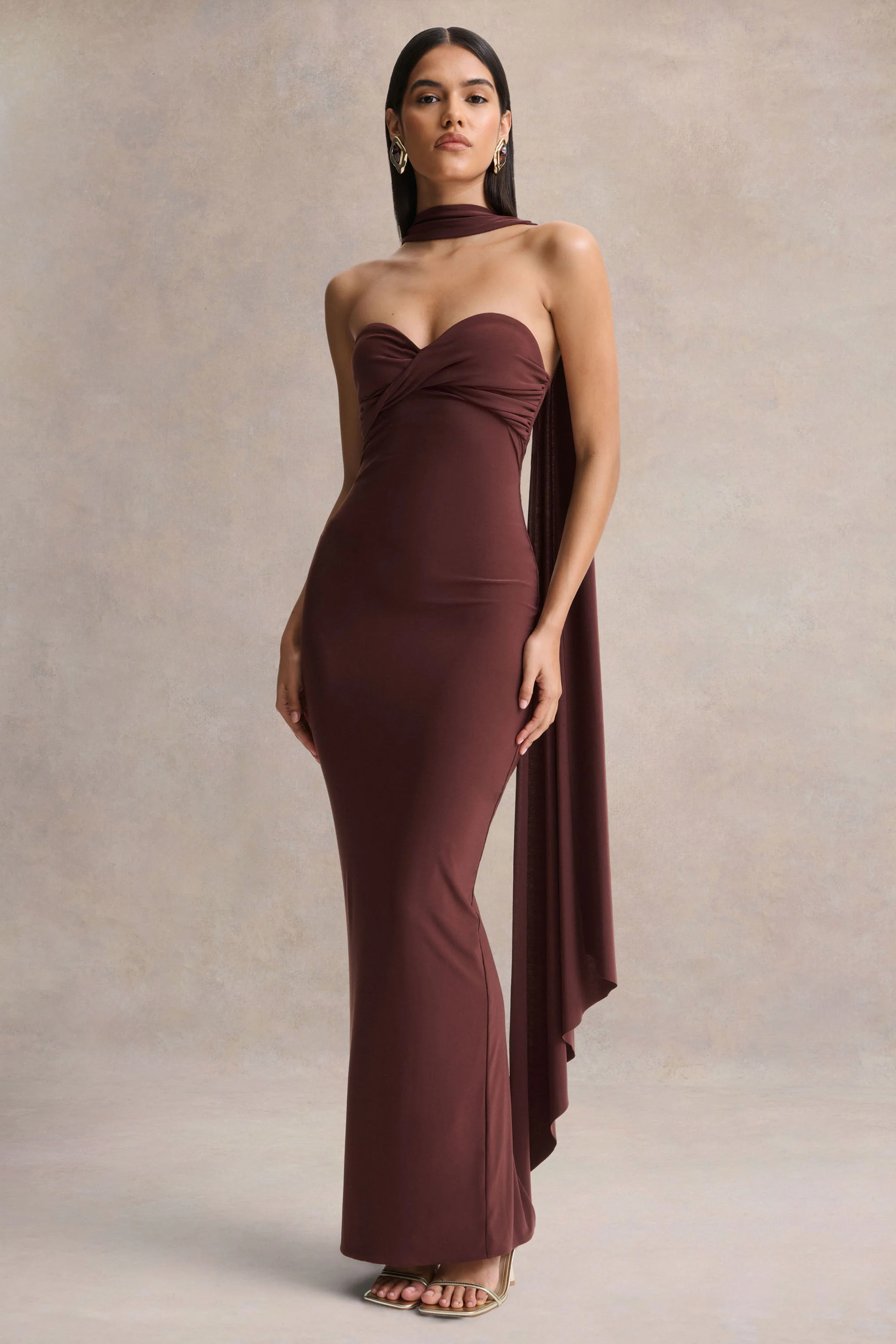 Sheila | Dark Brown Bandeau Maxi Dress With Scarf Detail - Image 4