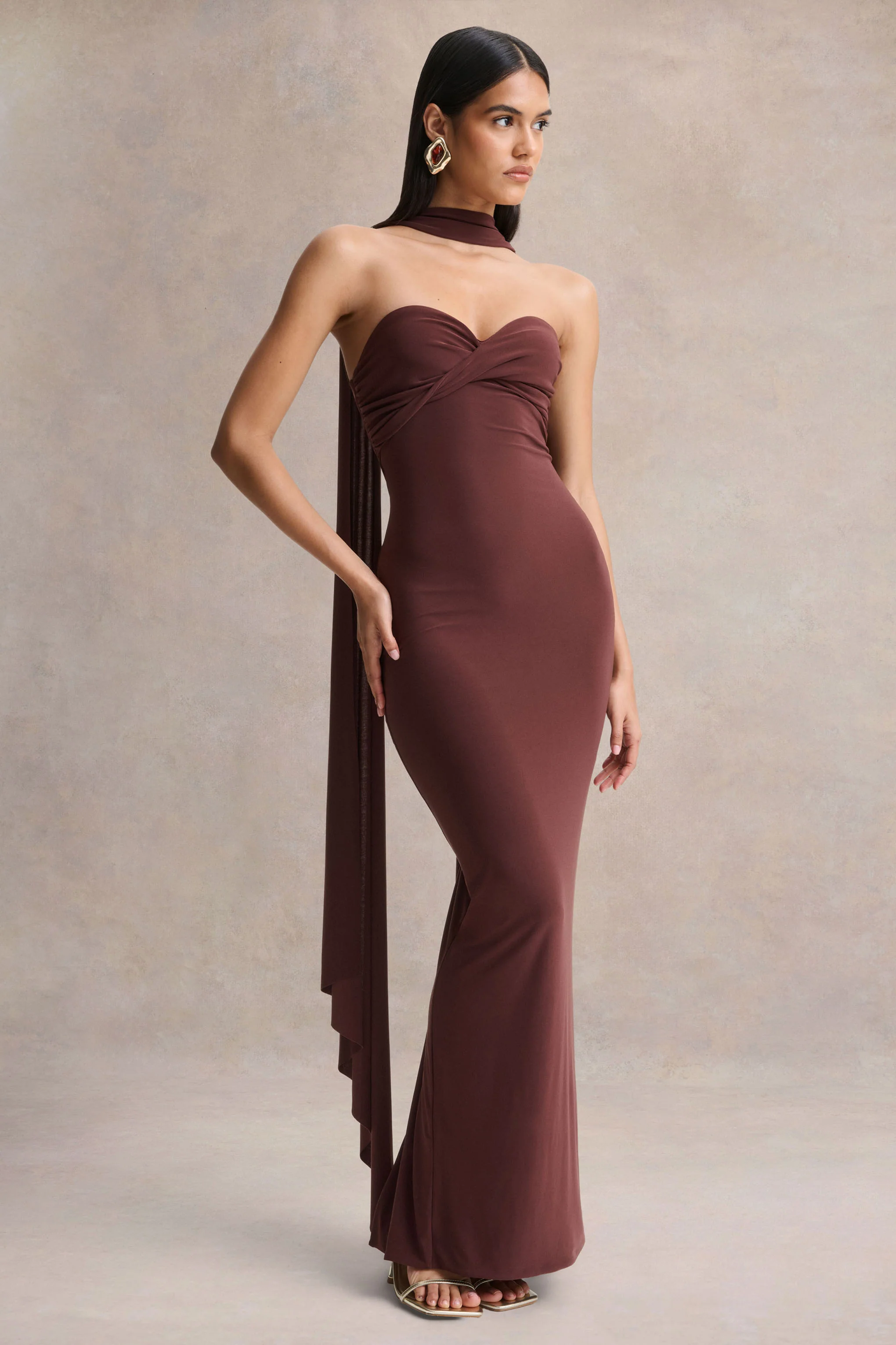 Sheila | Dark Brown Bandeau Maxi Dress With Scarf Detail - Image 5